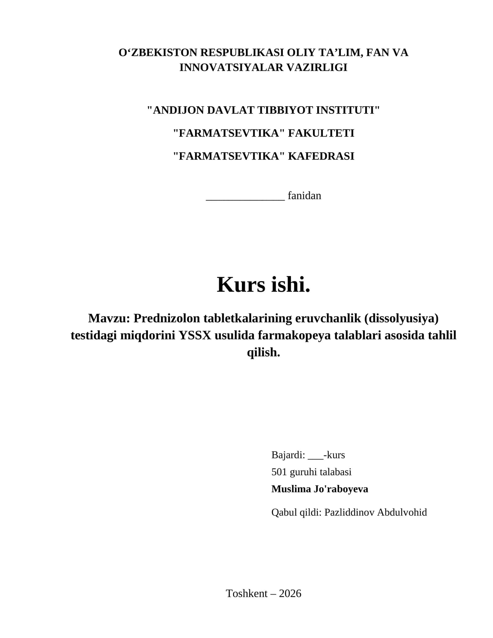 Prednizolon tabletkalarining eruvchanlik (dissolyusiya) testidagi miqdorini YSSX usulida farmakopeya talablari asosida tahlil qilish. 1