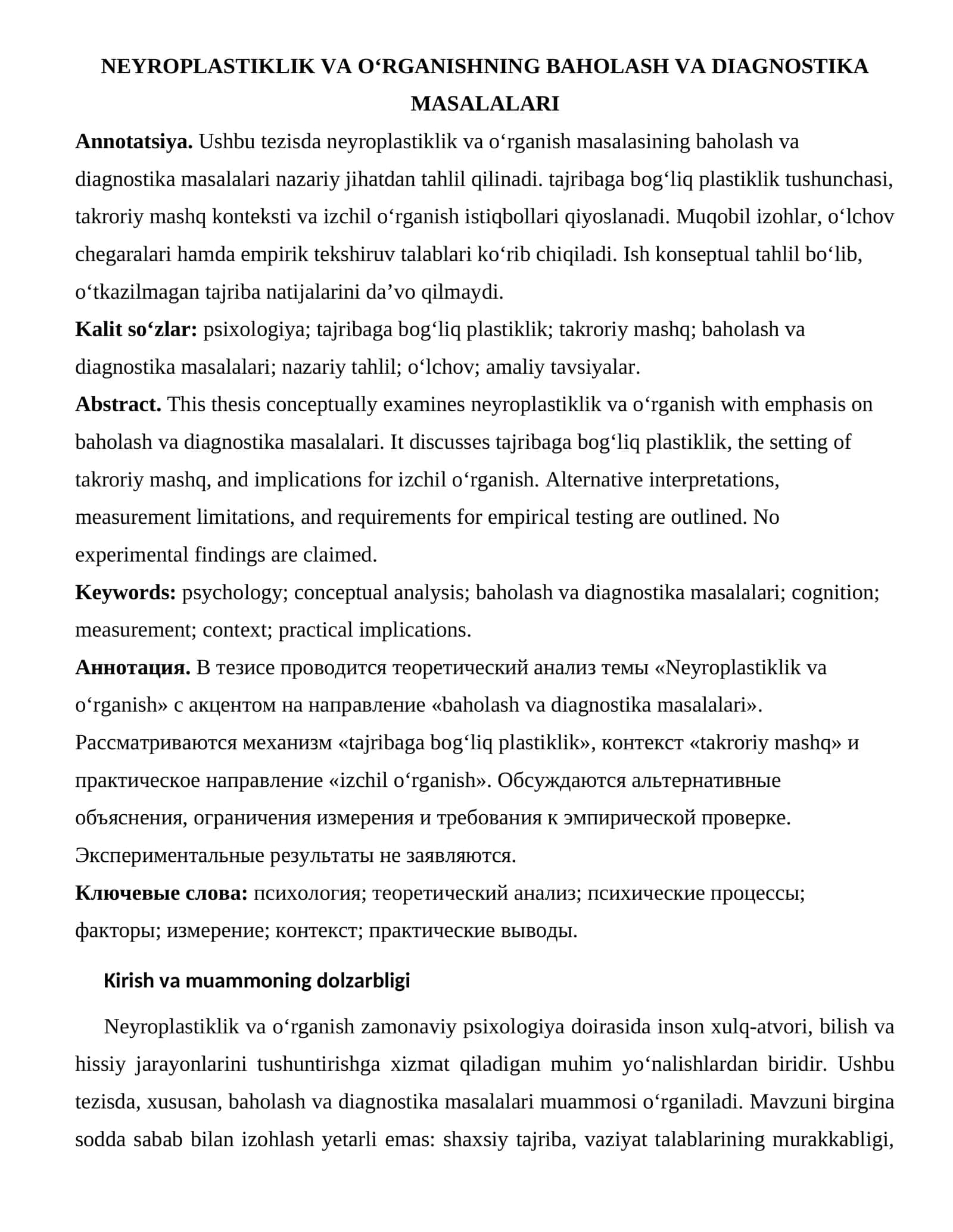 NEYROPLASTIKLIK VA O‘RGANISHNING BAHOLASH VA DIAGNOSTIKA MASALALARI 1