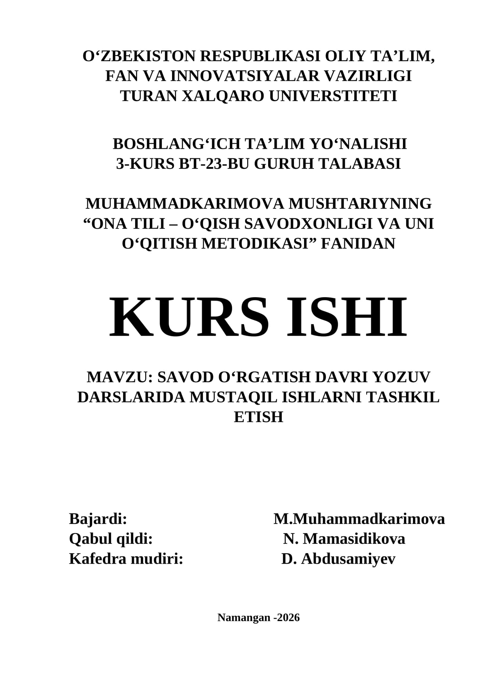 Savod o‘rgatish davri yozuv darslarida mustaqil ishlarni tashkil etish 1