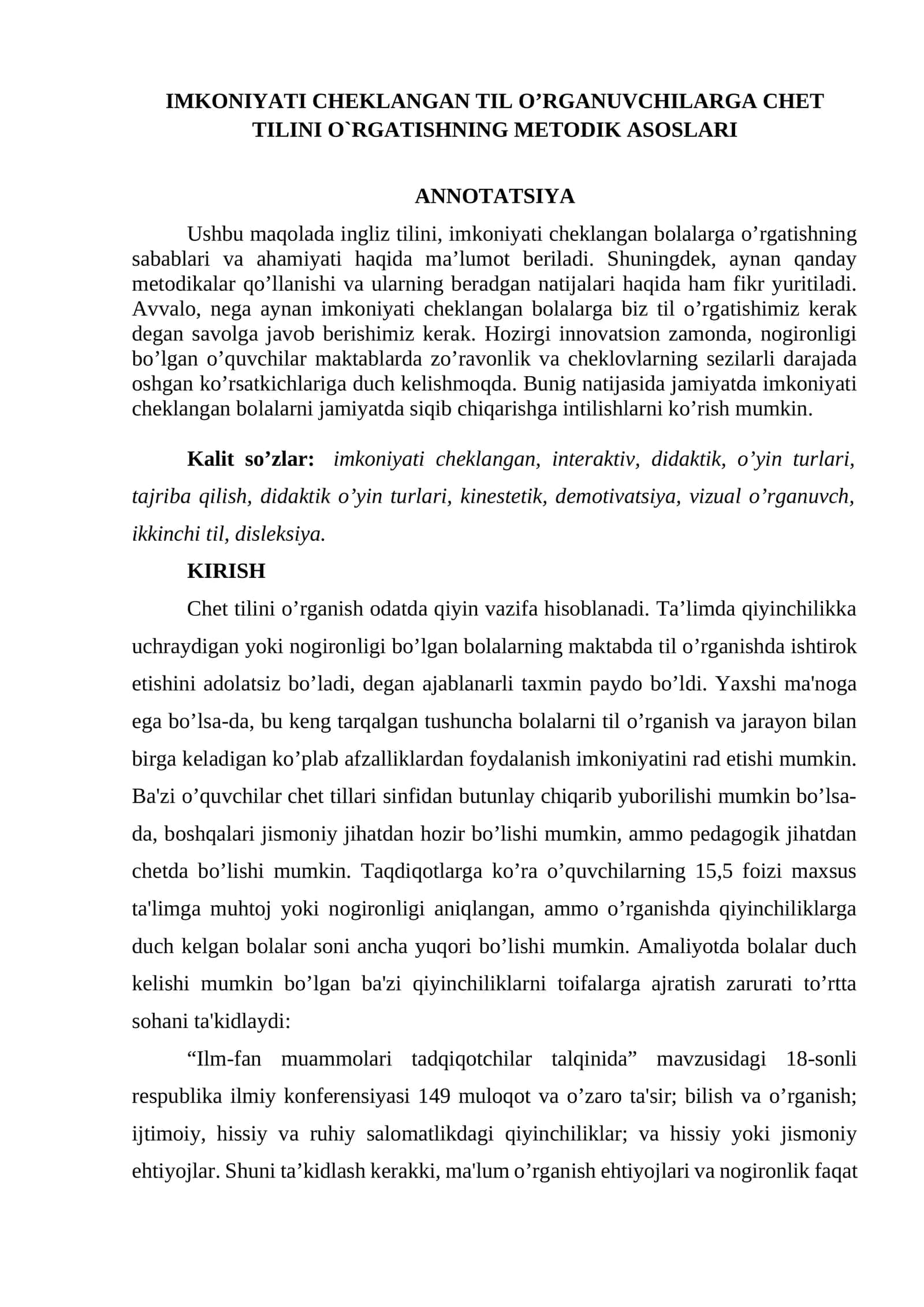 IMKONIYATI CHEKLANGAN TIL O’RGANUVCHILARGA CHET TILINI O`RGATISHNING METODIK ASOSLARI 1