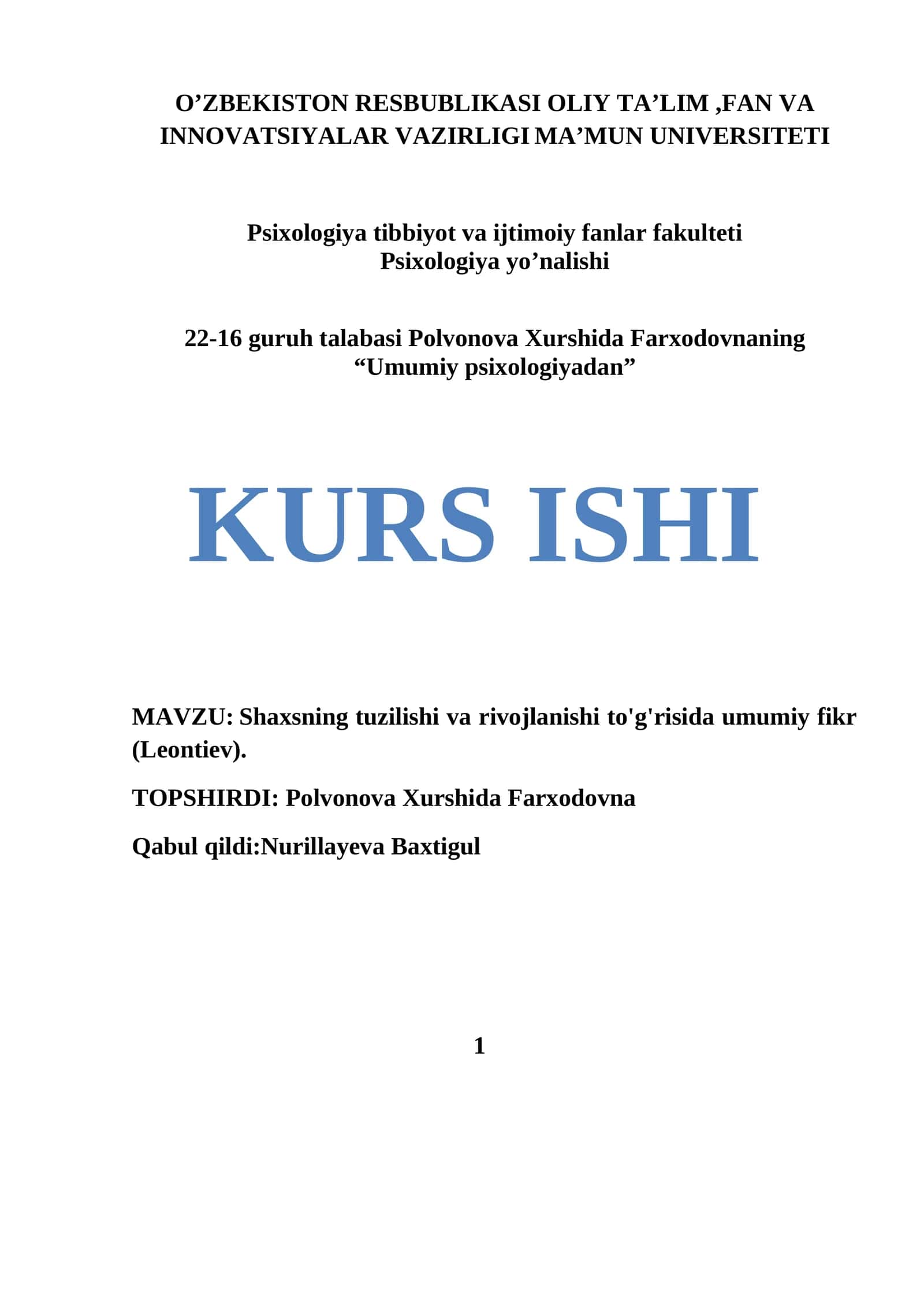 Shaxsning tuzilishi va rivojlanishi to'g'risida umumiy fikr (Leontiev) 1