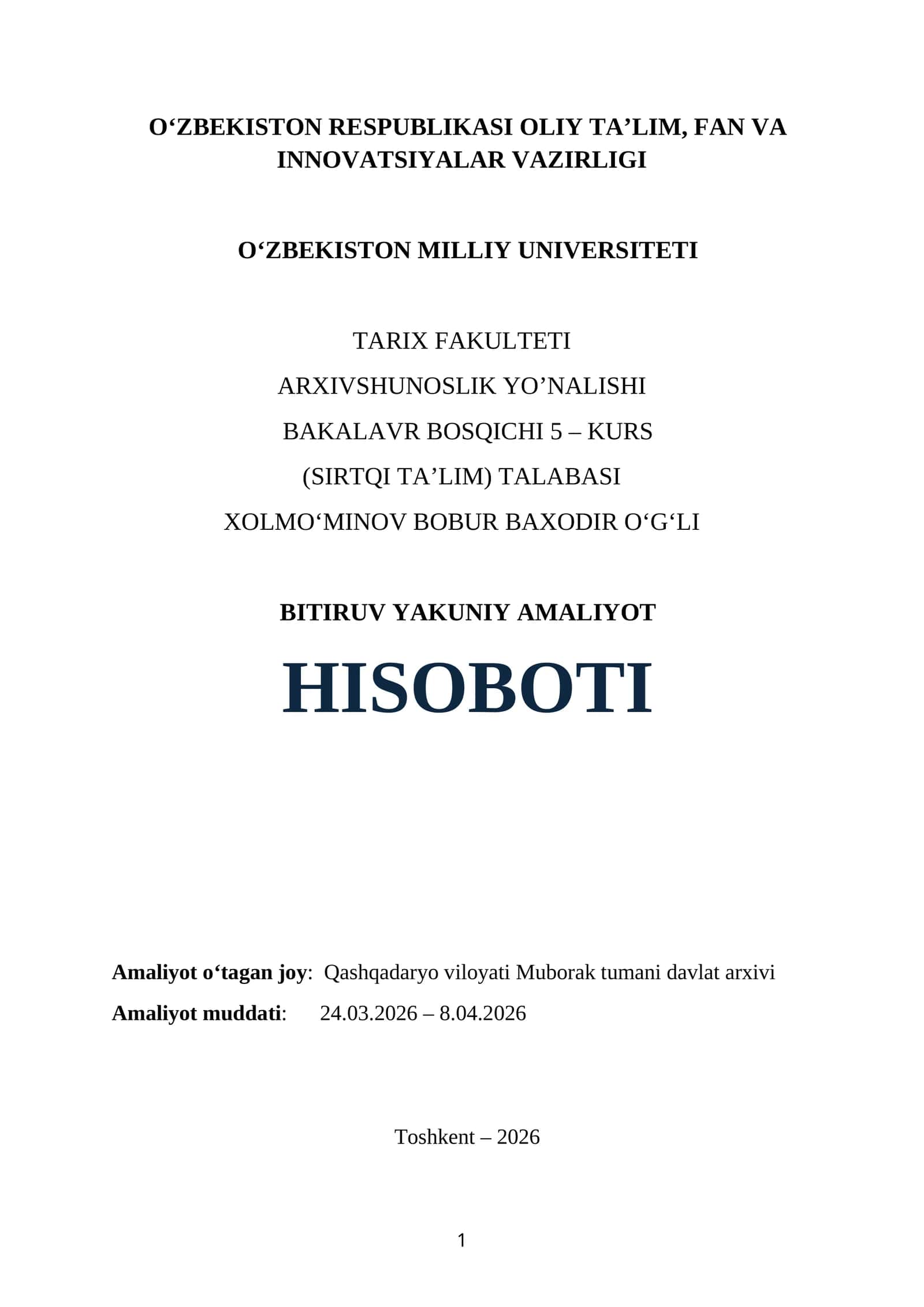 SURXONDARYO VILOYATI SHERABOD TUMANI IQTISODIYOT VA MOLIYA BO‘LIMI.BITIRUV YAKUNIY AMALIYOT HISOBOTI 1