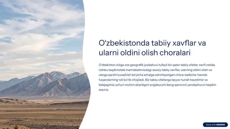 O‘zbekistonda bo‘lishi mumkin bo‘lgan tabiiy xavflar va ularda muhofaza tadbirlari. 1