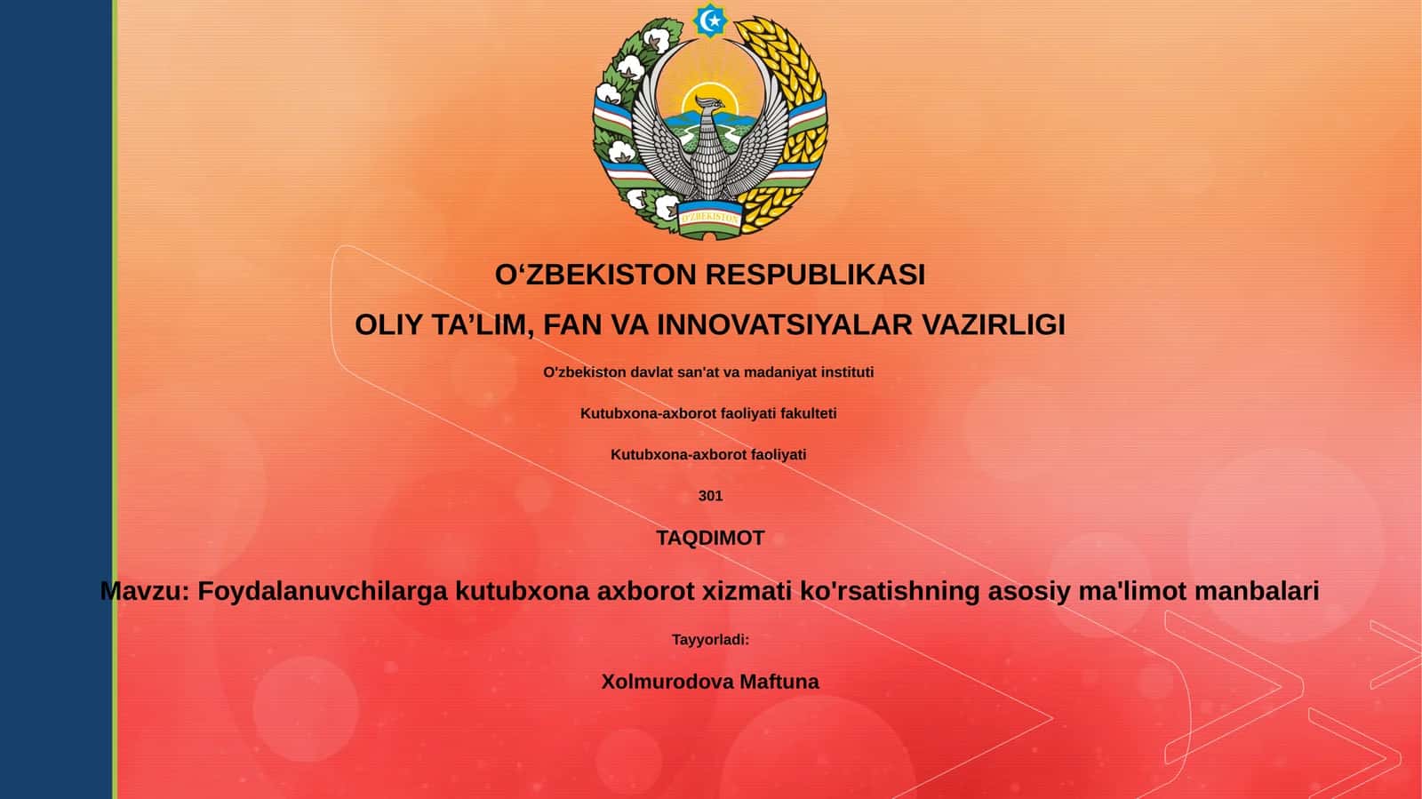 Foydalanuvchilarga kutubxona axborot xizmati ko'rsatishning asosiy ma'limot manbalari 1