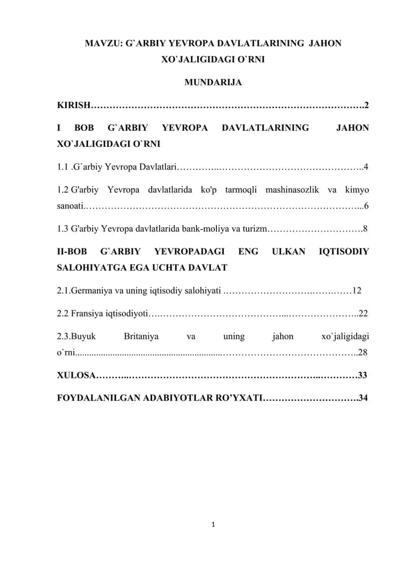 G`ARBIY YEVROPA DAVLATLARINING  JAHON XO`JALIGIDAGI O`RNI 1