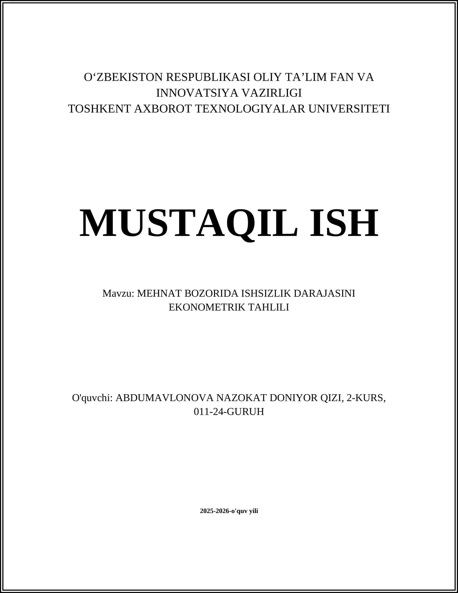MEHNAT BOZORIDA ISHSIZLIK DARAJASINI EKONOMETRIK TAHLILI 1
