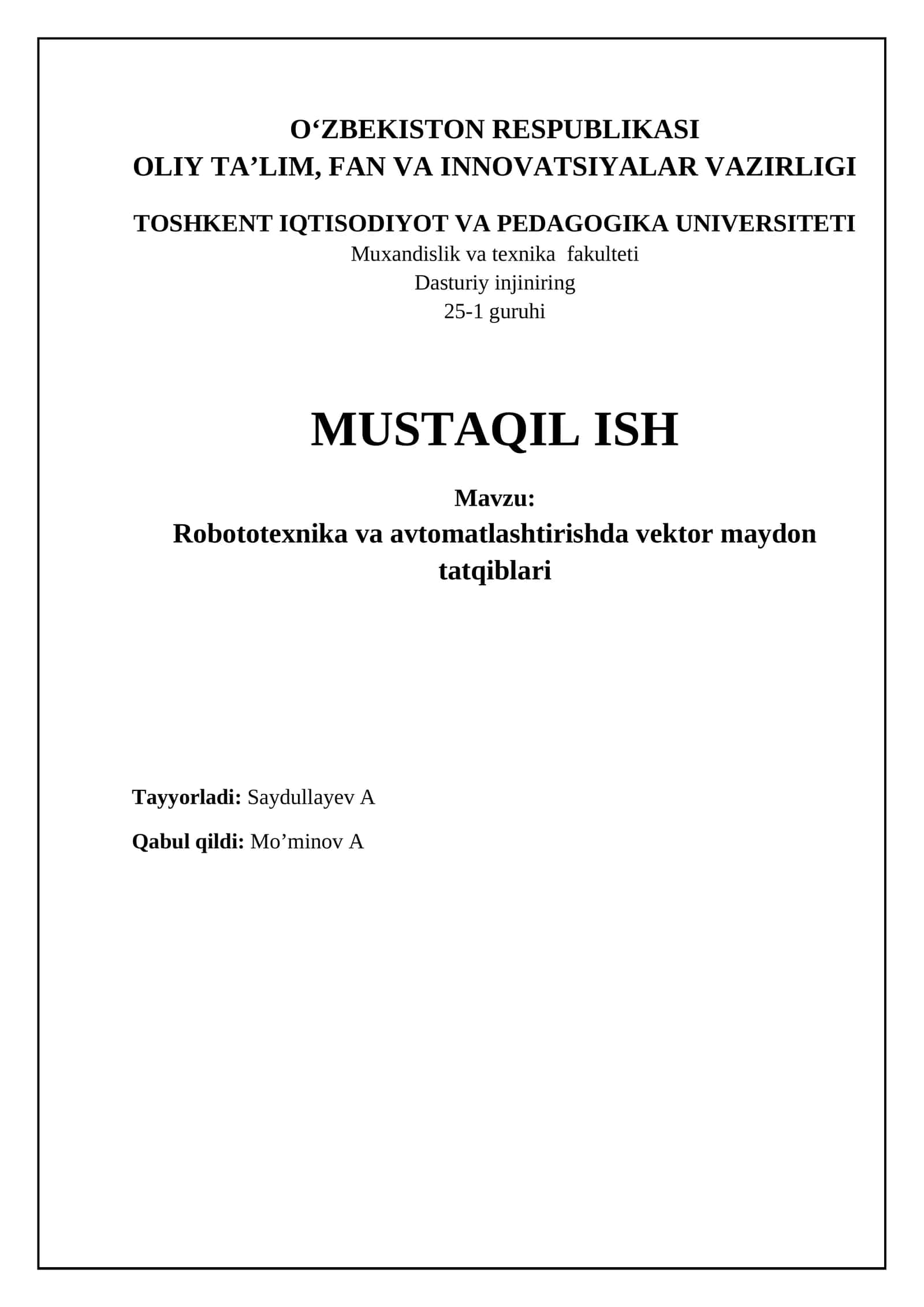 Vektor maydonlari robototexnika va avtomatlashtirishda: Asoslar va qo'llanilish 1