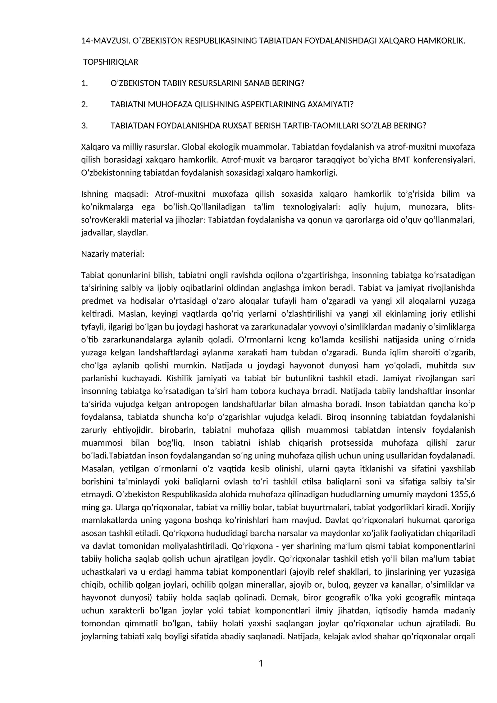O'ZBEKISTON RESPUBLIKASINING TABIATDAN FOYDALANISHDAGI XALQARO HAMKORLIK 1