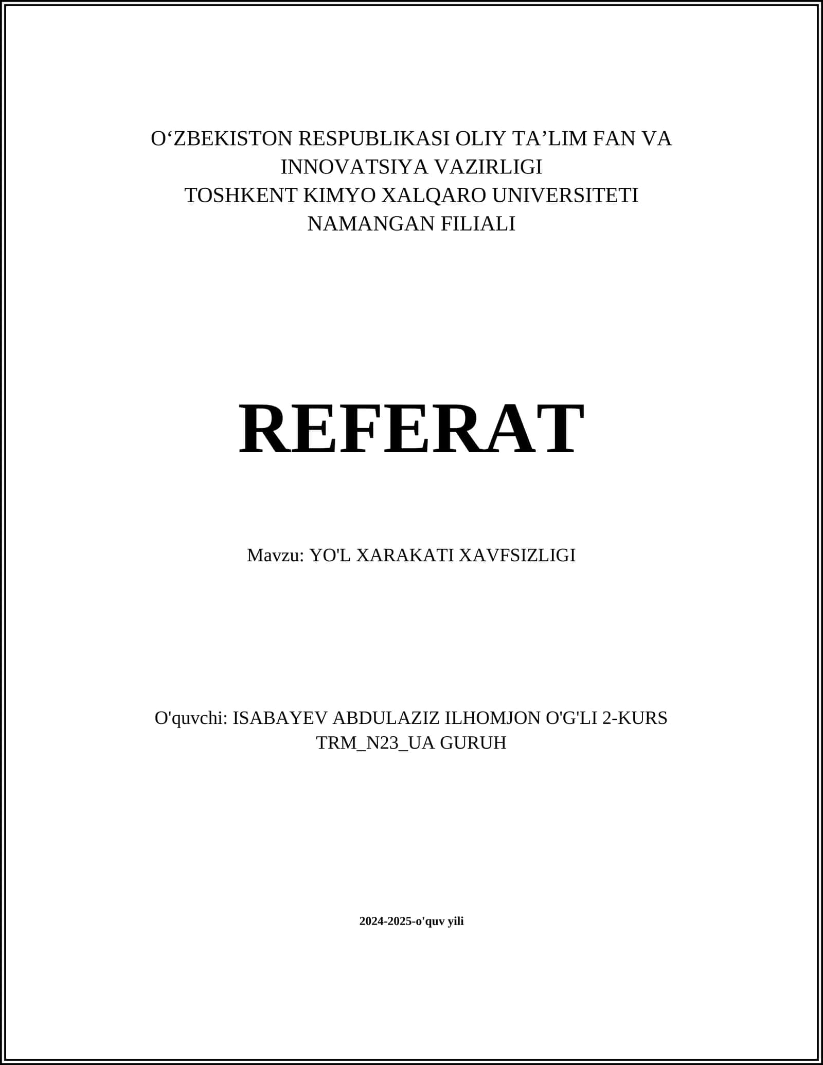 YO'L XARAKATI XAVFSIZLIGI 1