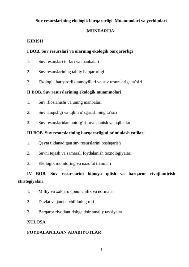 Suv resurslarining ekologik barqarorligi. Muammolari va yechimlari 1