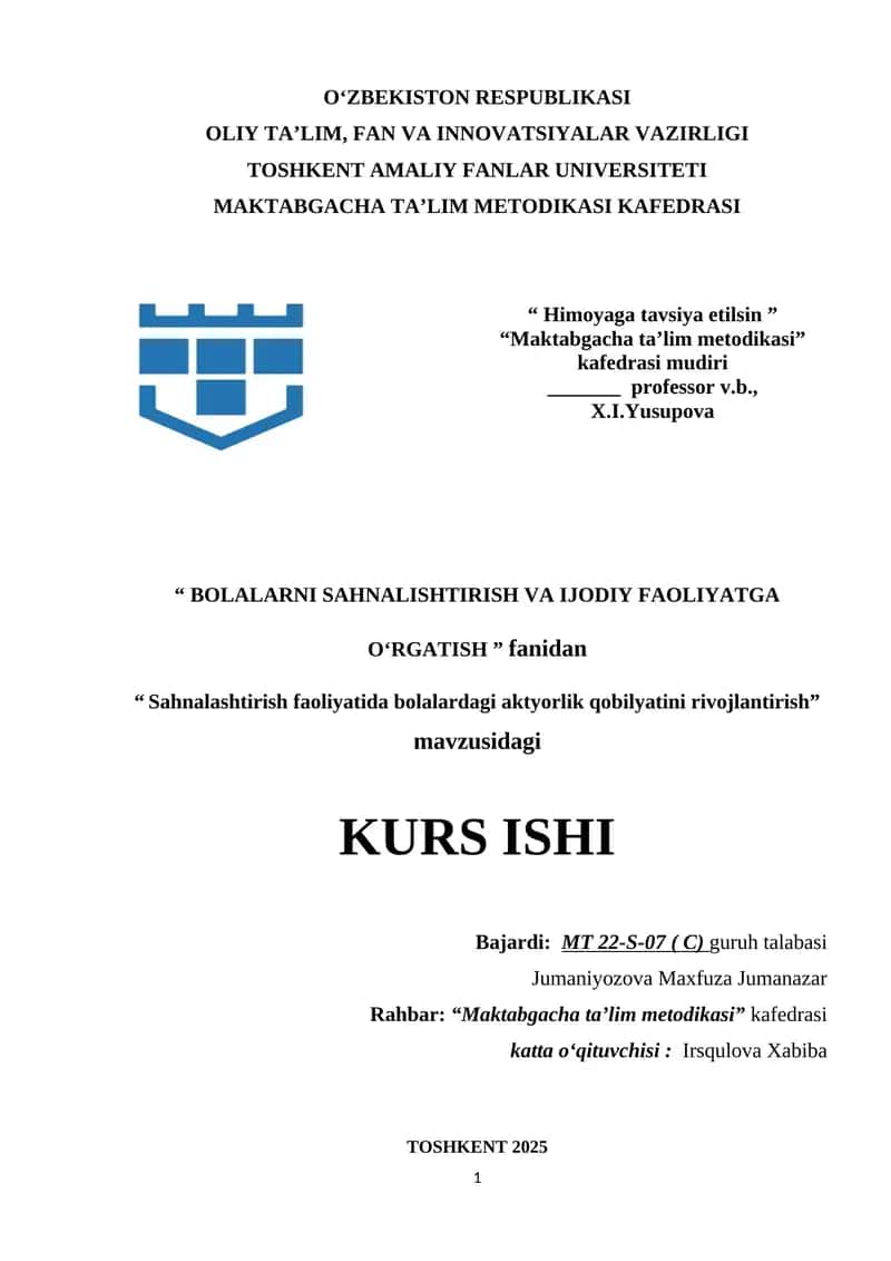 Sahnalashtirish faoliyatida bolalardagi aktyorlik qobilyatini rivojlantirish. 1
