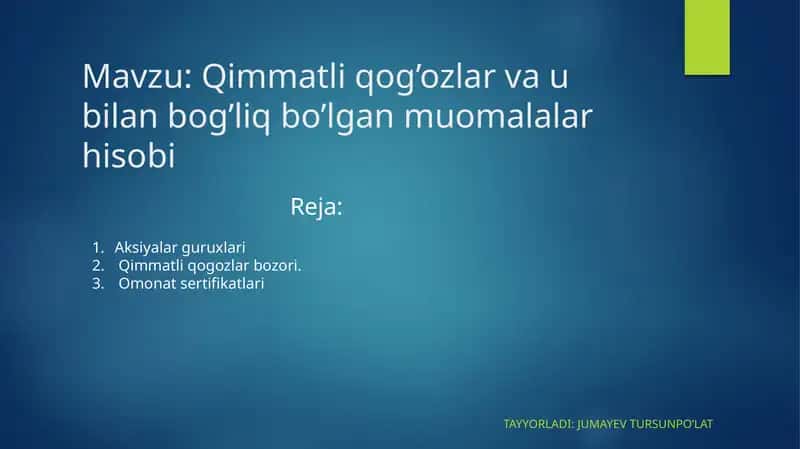 Qimmatliq og'ozlar va ubilan bo'lgan muomalalar hisobi 1