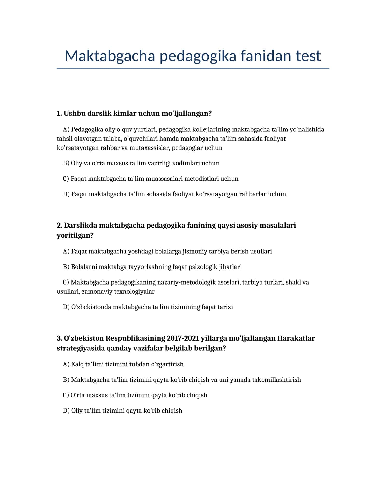 Maktabgacha pedagogika fanidan test 1