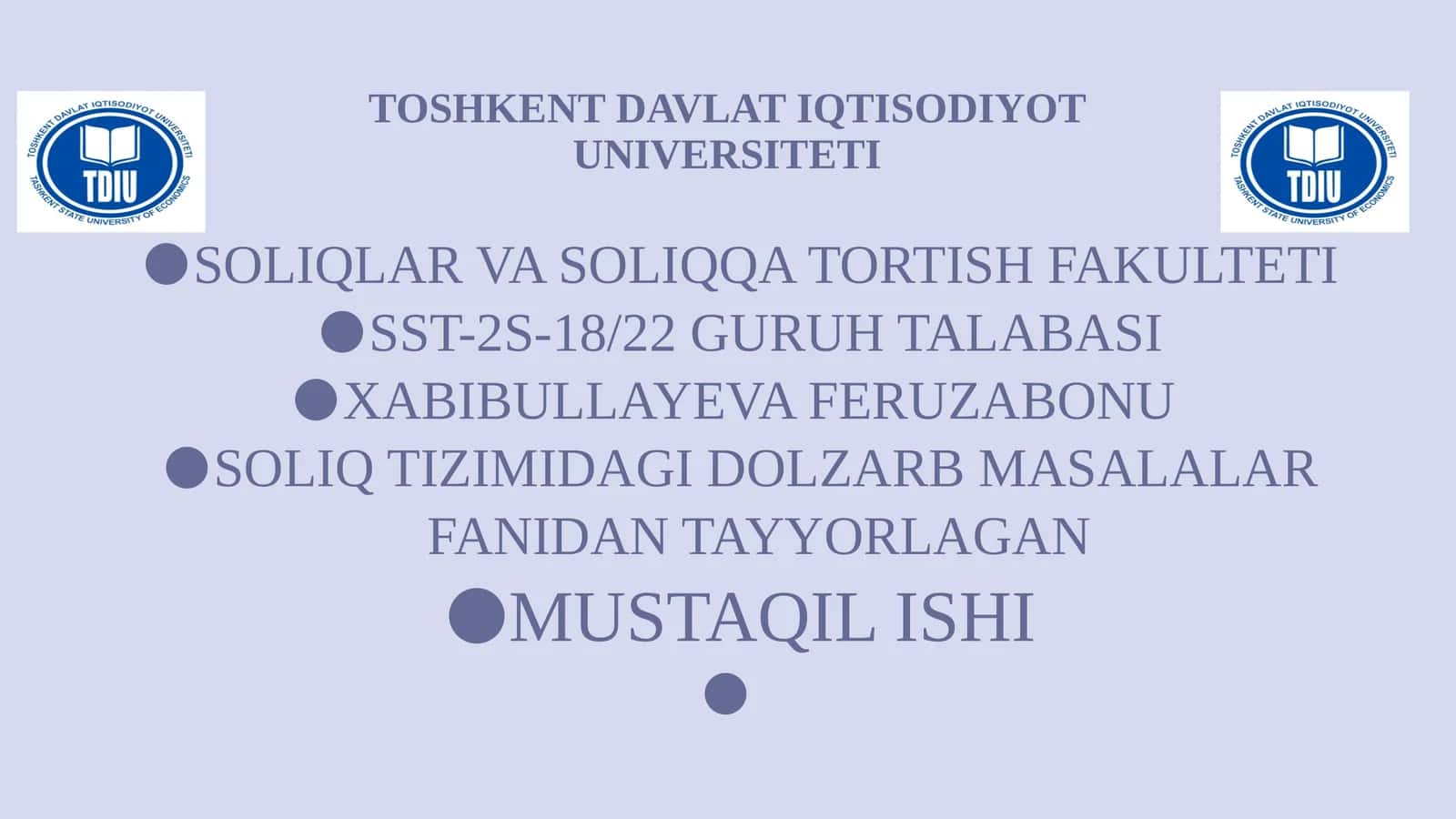 SOLIQ TIZIMIDAGI DOLZARB MASALALAR FANIDANTAYYORLAGAN MUSTAQILISHI 1