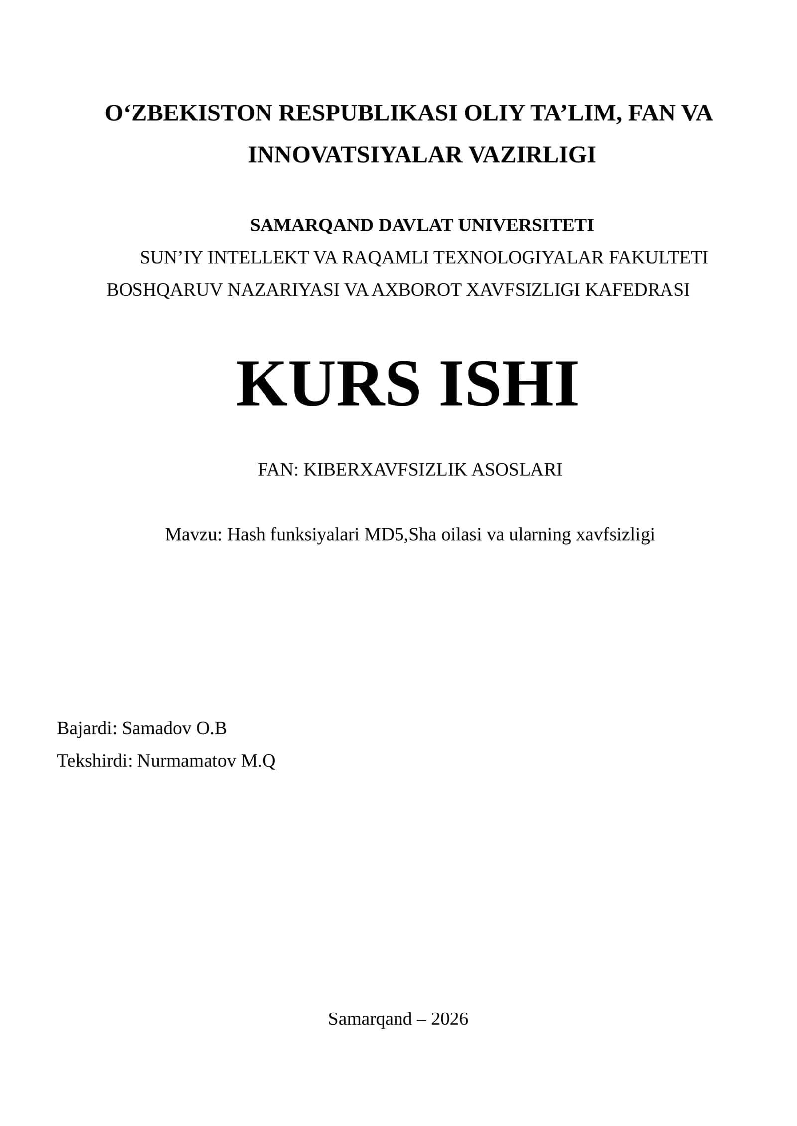 Hash funksiyalari MD5,Sha oilasi va ularning xavfsizligi 1