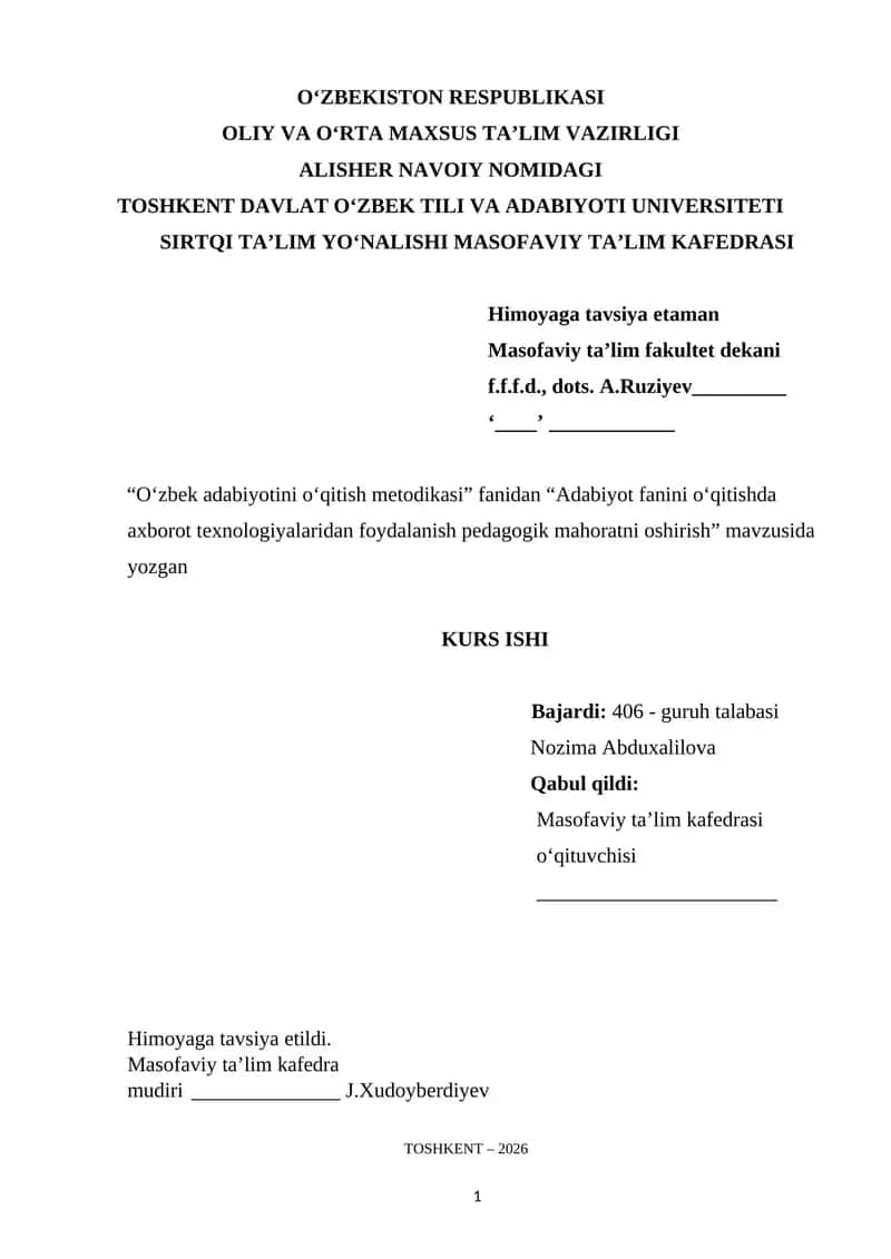 Adabiyot fanini oʻqitishda axborot texnologiyalaridan foydalanish pedagogik mahoratni oshirish 1