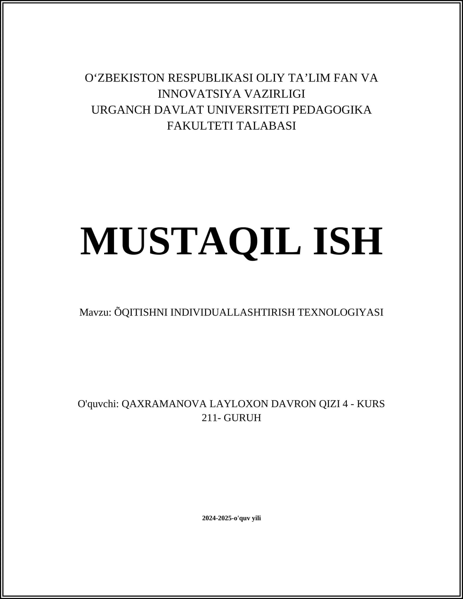 ÕQITISHNI INDIVIDUALLASHTIRISH TEXNOLOGIYASI 1