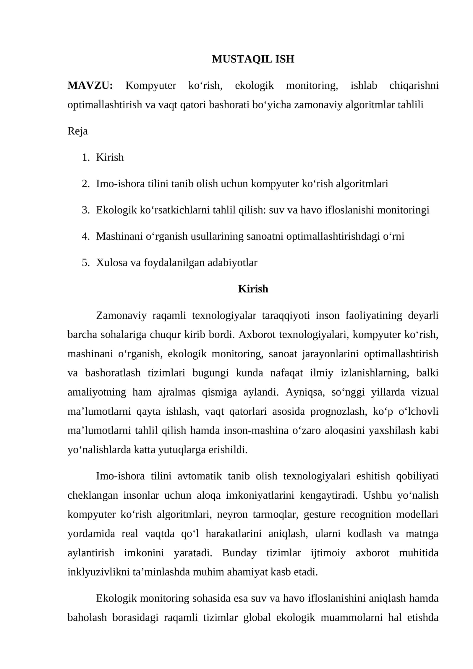 Kompyuter ko‘rish, ekologik monitoring, ishlab chiqarishni optimallashtirish va vaqt qatori bashorati bo‘yicha zamonaviy algoritmlar tahlili 1