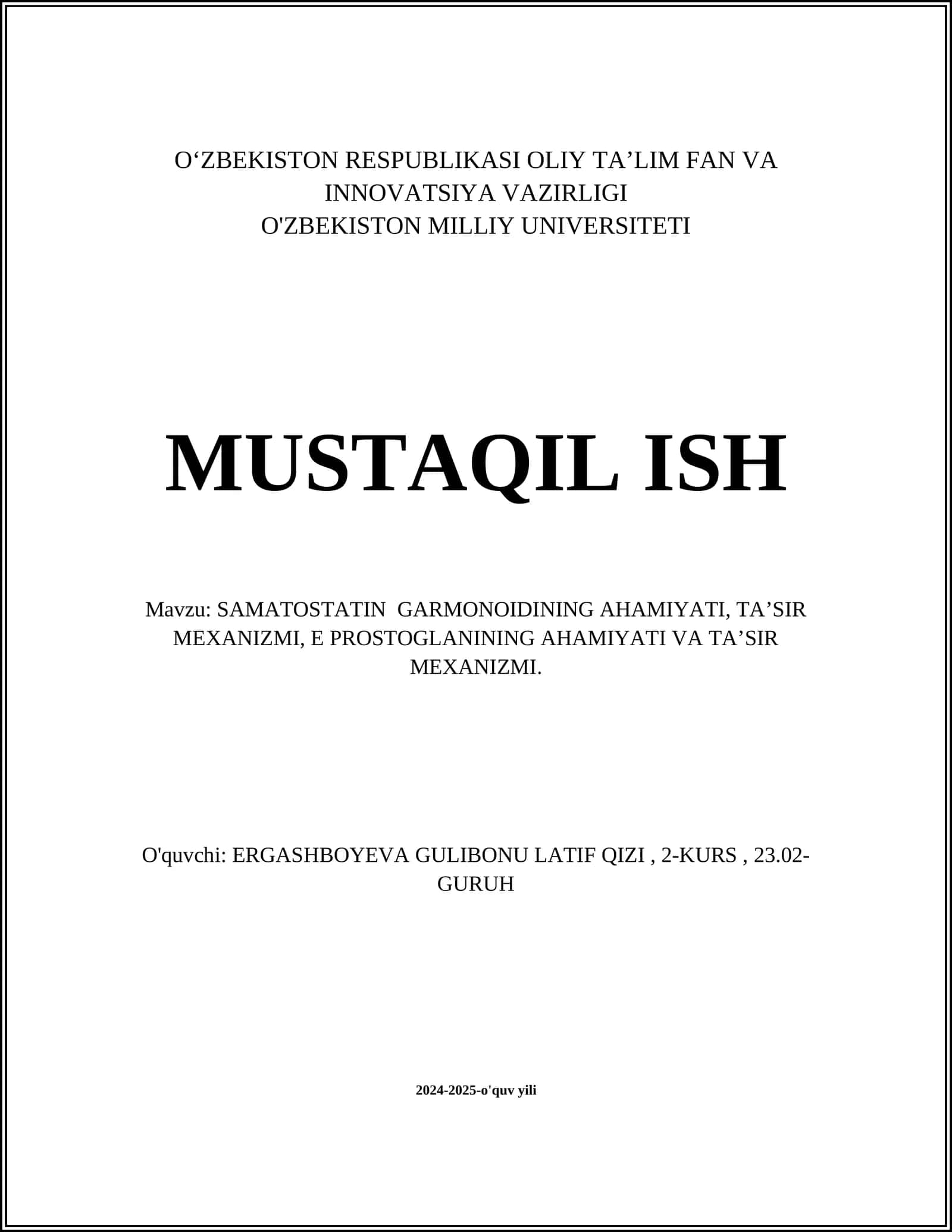 SAMATOSTATIN GARMONOIDINING AHAMIYATI, TA’SIR MEXANIZMI, E PROSTOGLANINING AHAMIYATI VA TA’SIR MEXANIZMI 1