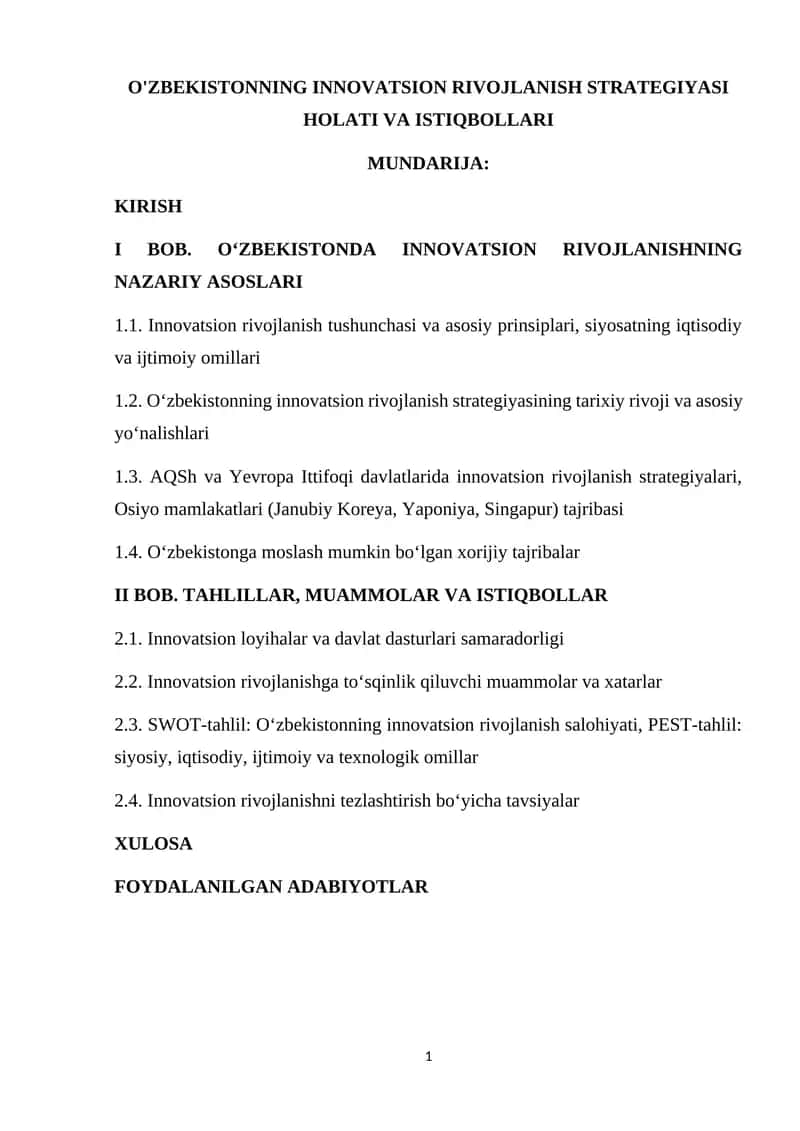 O'ZBEKISTONNING INNOVATSION RIVOJLANISH STRATEGIYASI HOLATI VA ISTIQBOLLARI 1