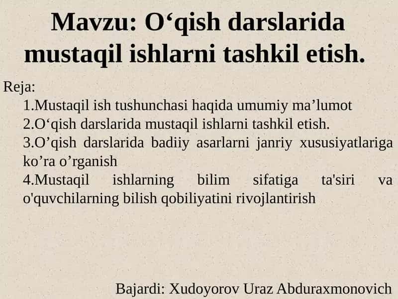 Oʻqish darslarida mustaqil ishlarni tashkil etish 1