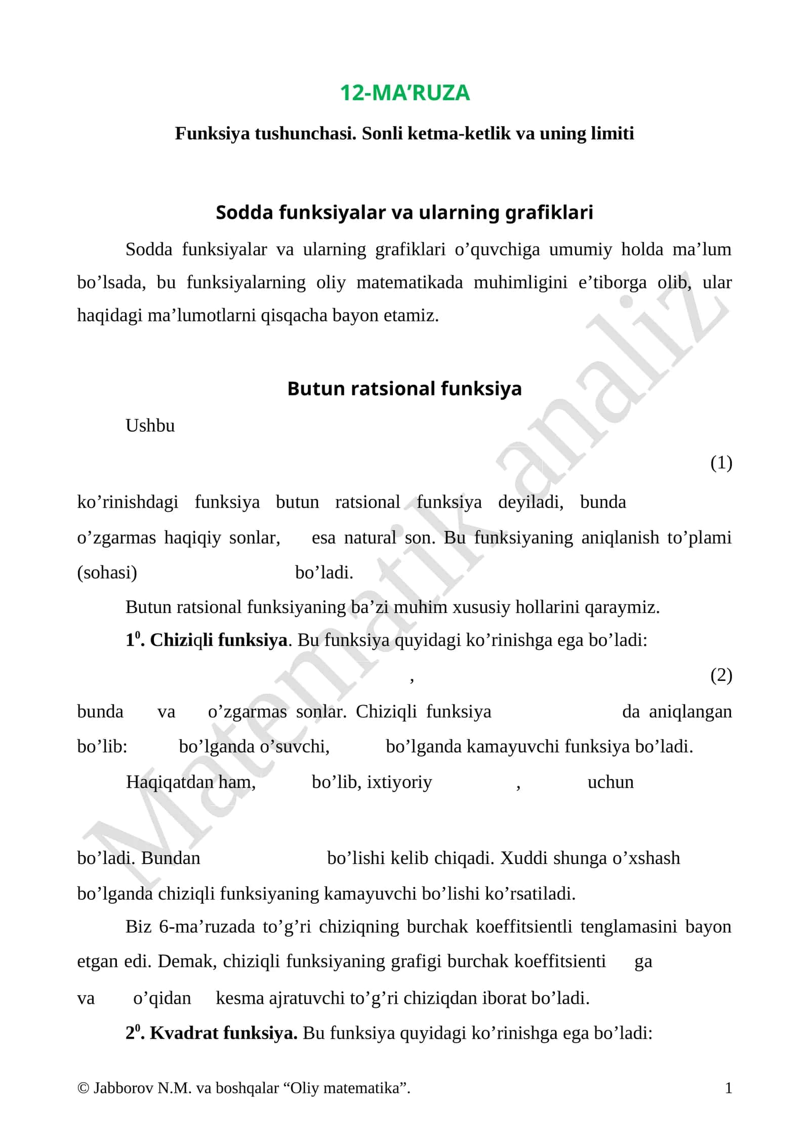 Funksiya tushunchasi. Sonli ketma-ketlik va uning limiti 1