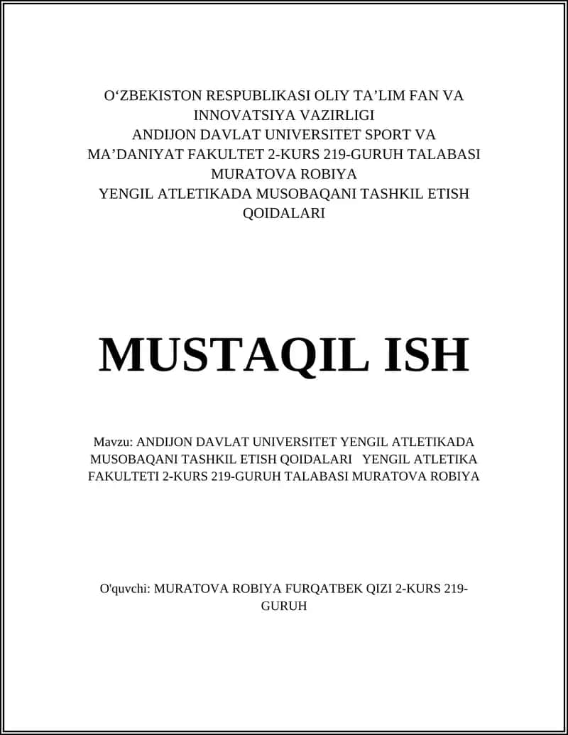 ANDIJON DAVLAT UNIVERSITET YENGIL ATLETIKADA MUSOBAQANI TASHKIL ETISH QOIDALARI 1