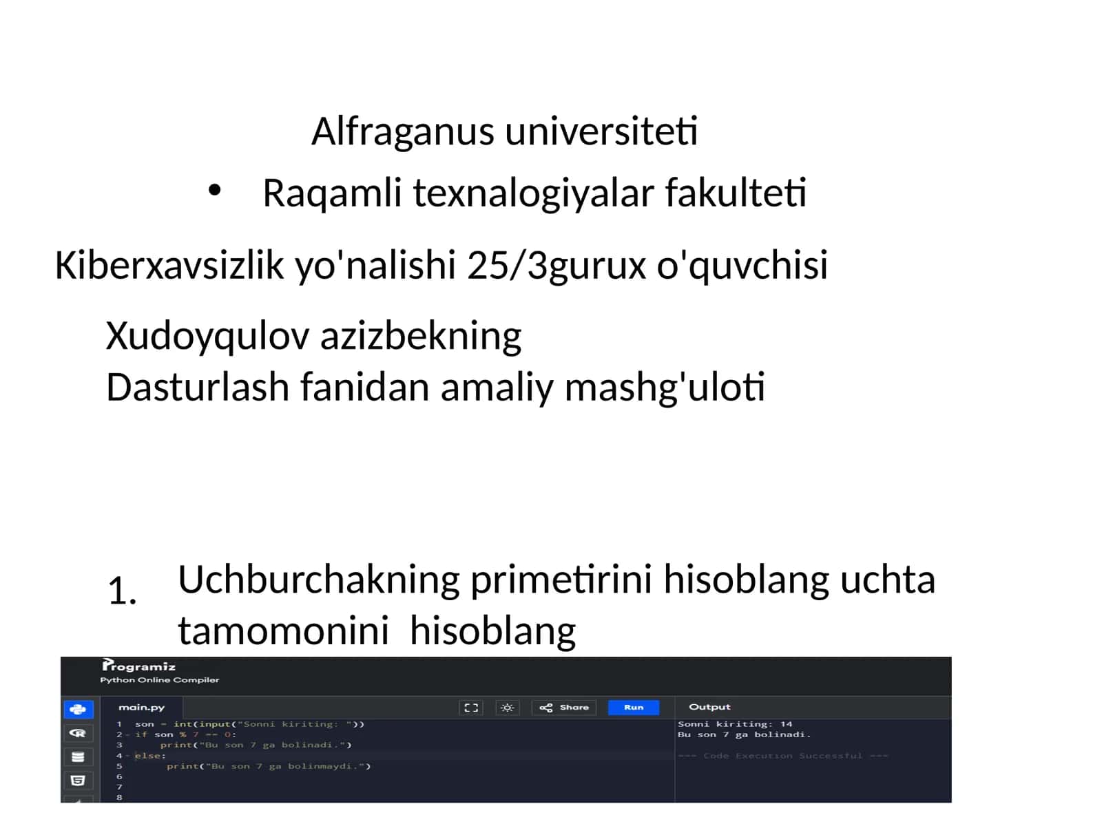 Dasturlash fanidan amaliy mashg'ulot 1