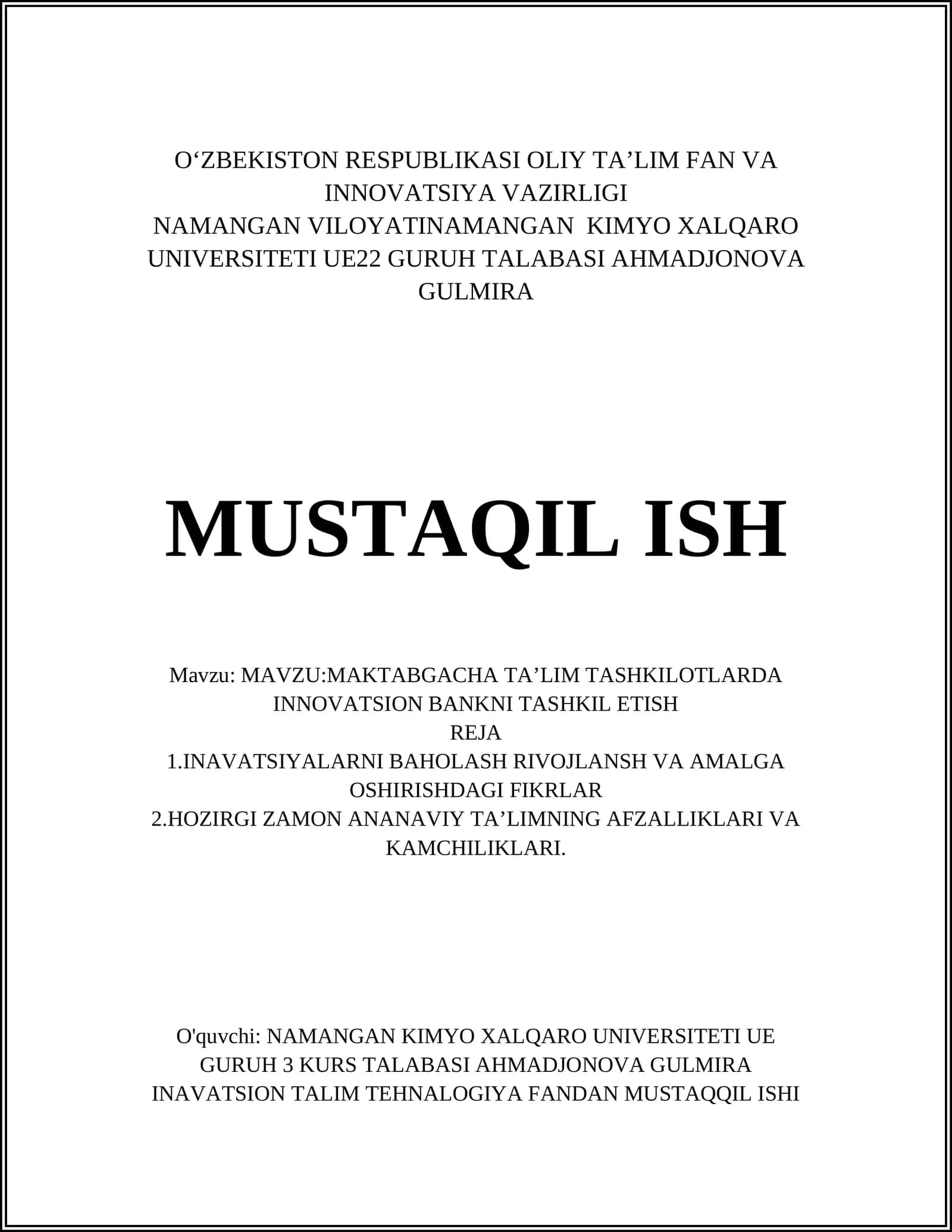 MAKTABGACHA TAʼLIM TASHKILOTLARDA INNOVATSION BANKNI TASHKIL ETISH 1