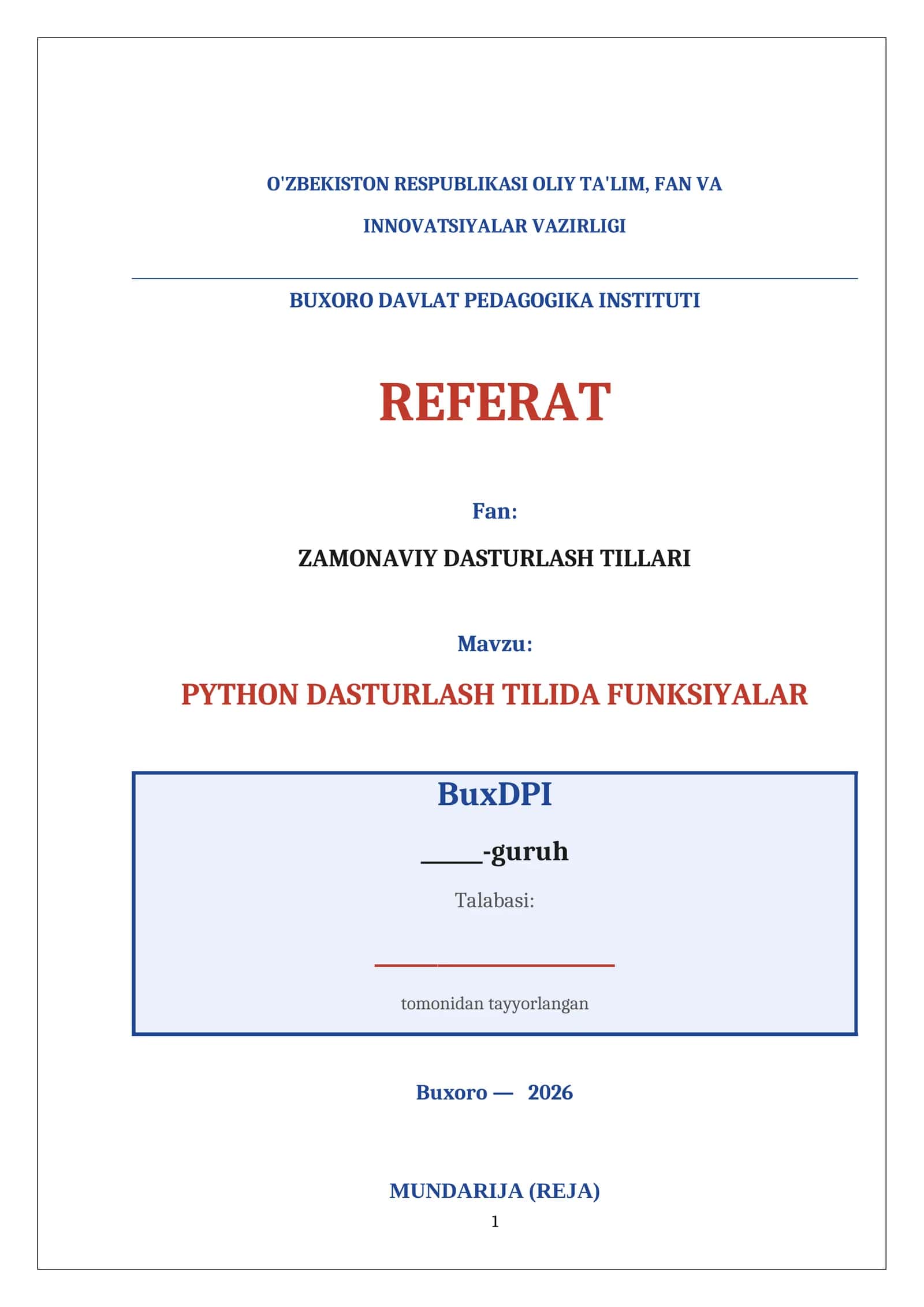 PYTHON DASTURLASH TILIDA FUNKSIYALAR 1