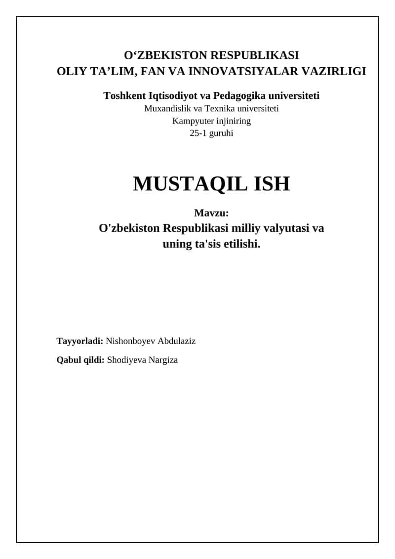 O'zbekiston Respublikasi milliy valyutasi va uning ta'sis etilishi 1