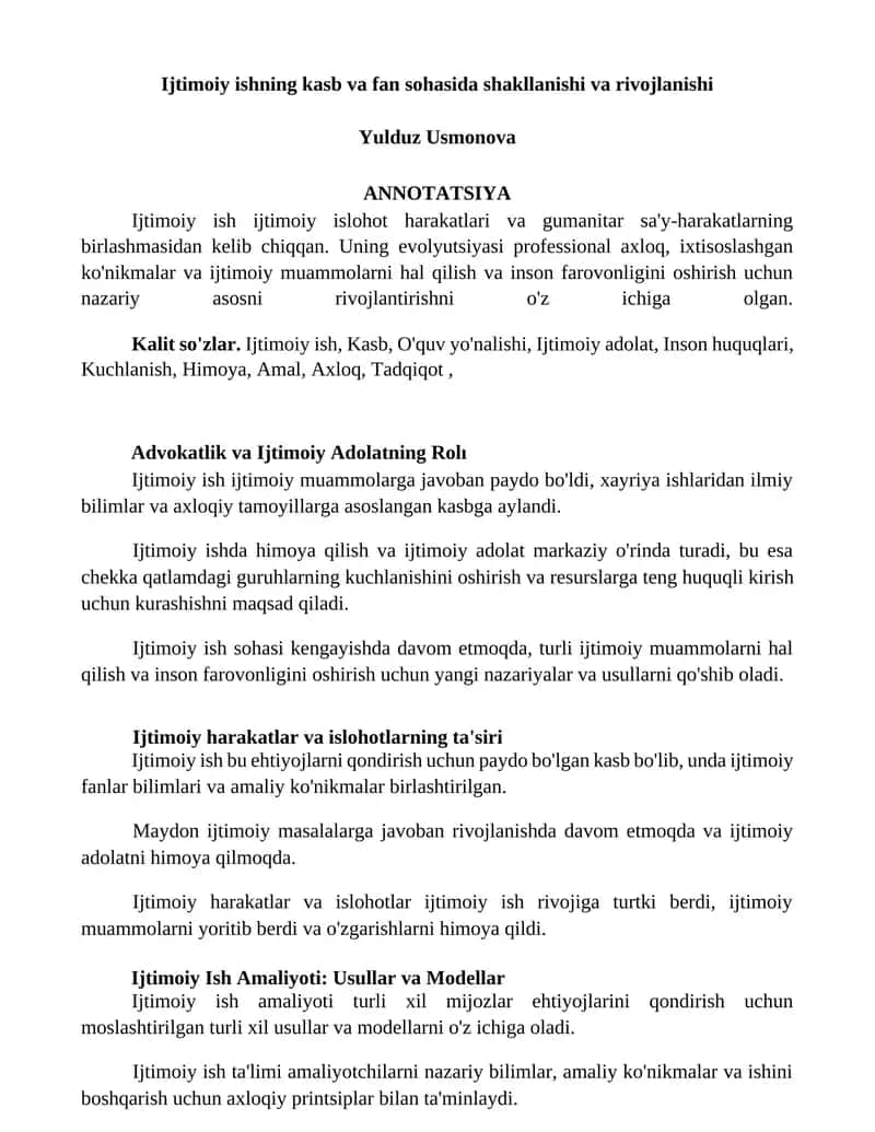 Ijtimoiy ishning kasb va fan sohasida shakllanishi va rivojlanishi 1