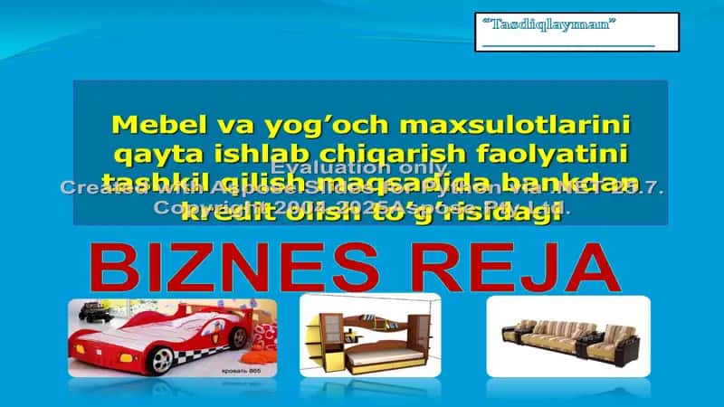 Mebel va yog’och maxsulotlarini qayta ishlab chiqarish faolyatini tashkil qilish maqsadida bankdan kredit olish to’g’risidagi 1