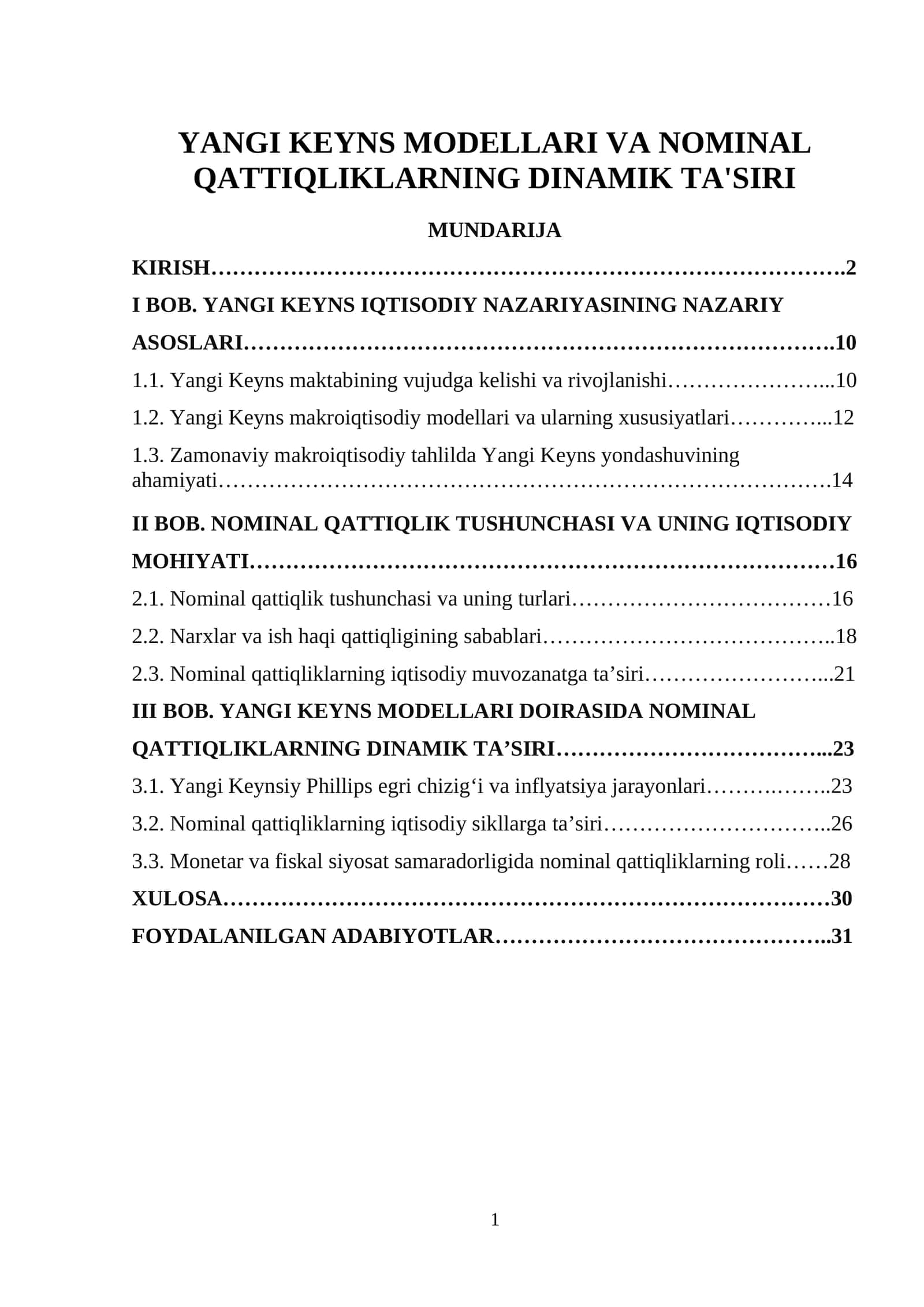 Yangi Keyns Modellari va Nominal Qattiqliklarning Dinamik Ta'siri 1