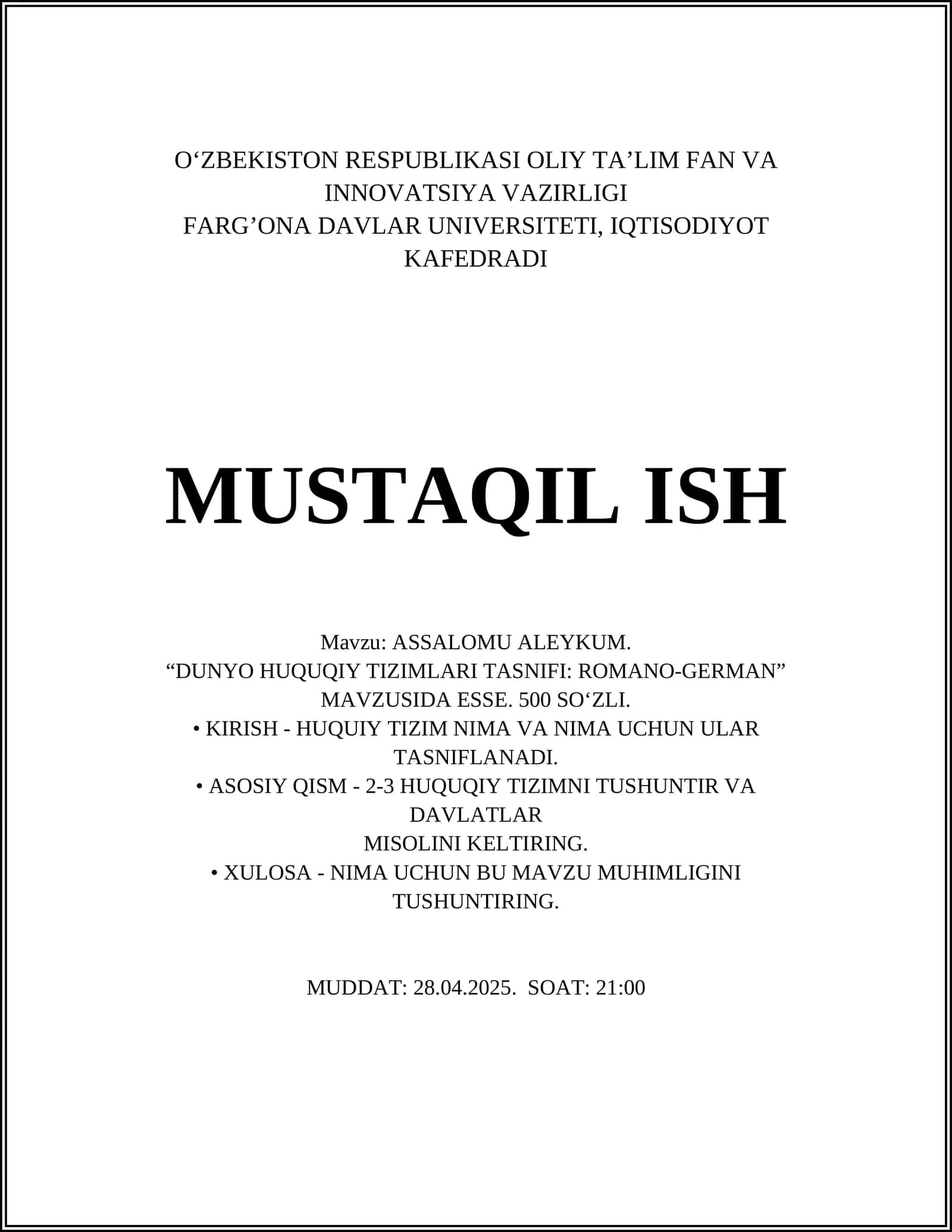 DUNYO HUQUQIY TIZIMLARI TASNIFI: ROMANO-GERMAN 1