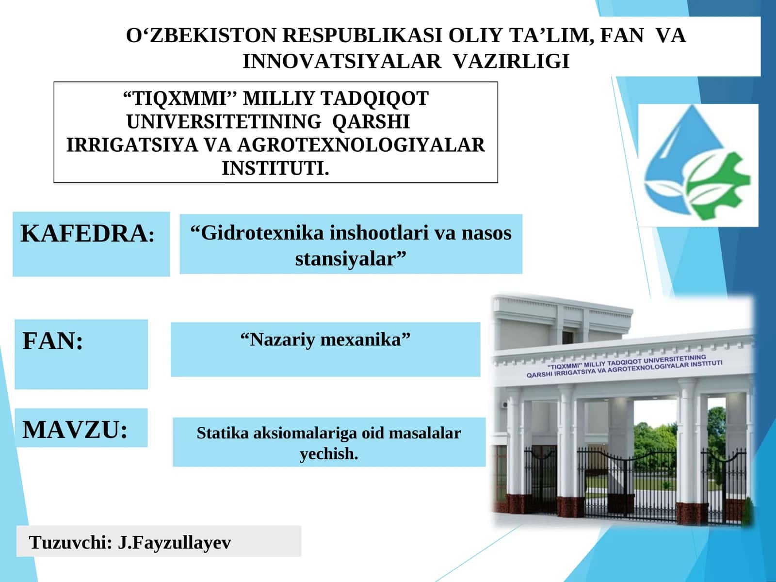 Statika aksiomalari. Kuchlar uchburchagiga oid masalar yechish. Kesishuvchi kuchlar sistemasining muvozanatiga oid masalalar yechish 1
