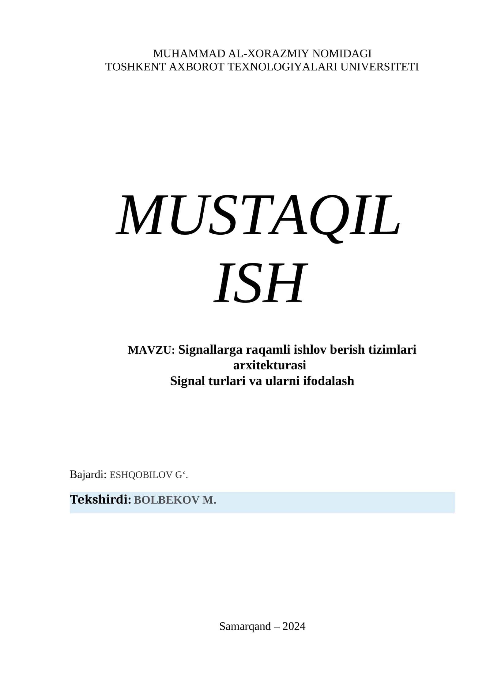 Signallarga raqamli ishlov berish tizimlari arxitekturasi 1