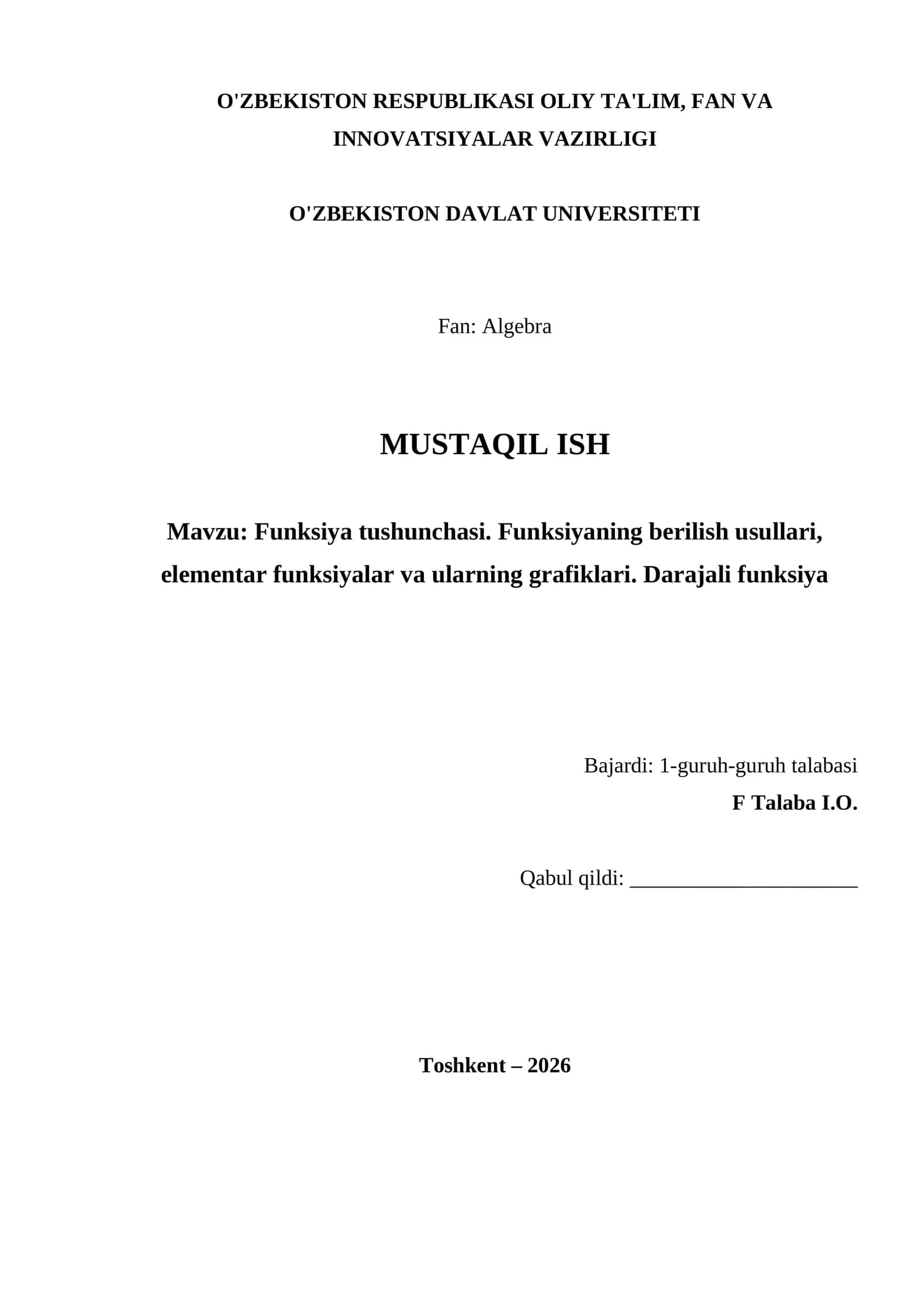 Funksiya tushunchasi. Funksiyaning berilish usullari, elementar funksiyalar va ularning grafiklari. Darajali funksiya 1