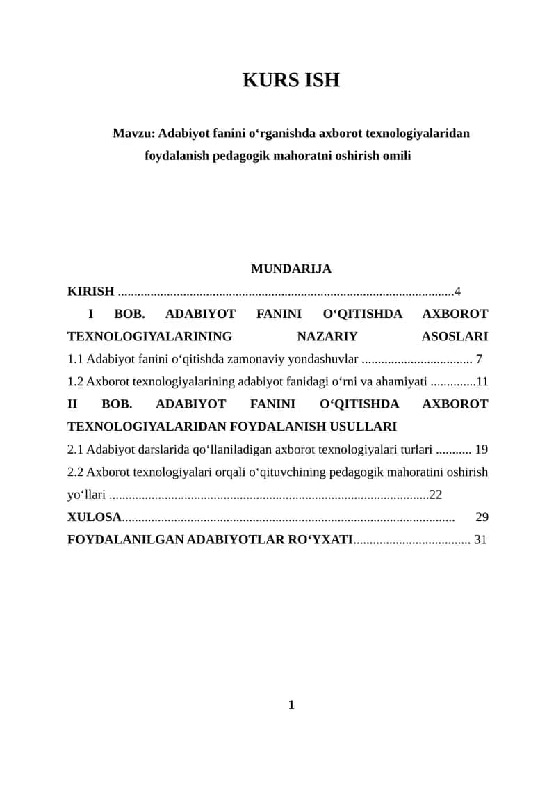 Adabiyot fanini o‘rganishda axborot texnologiyalaridan foydalanish pedagogik mahoratni oshirish omili 1