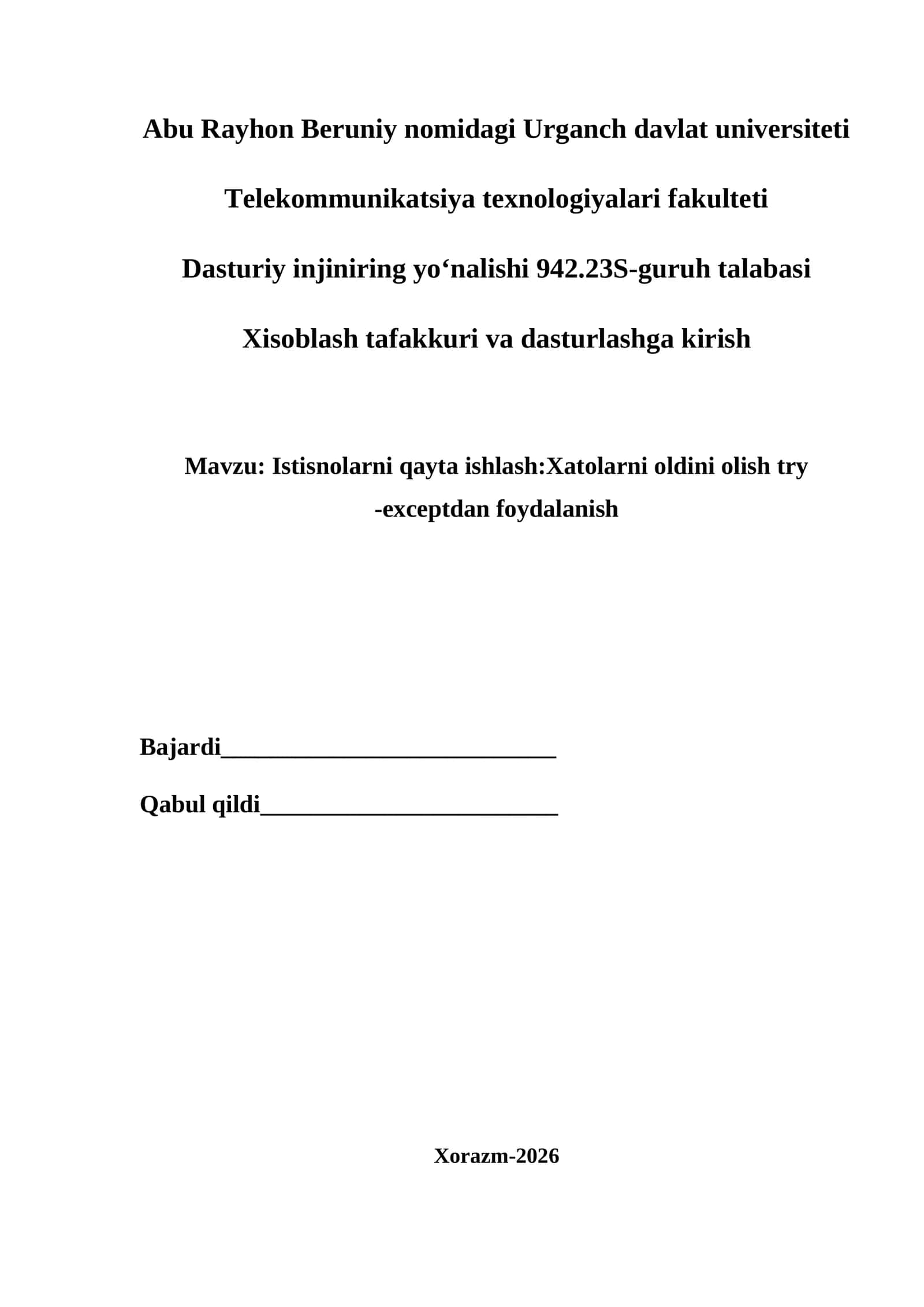 Istisnolarni qayta ishlash:Xatolarni oldini olish try -exceptdan foydalanish 1
