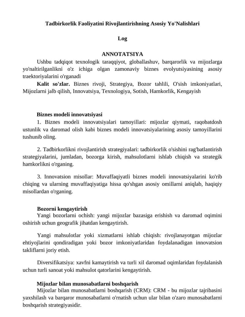 Tadbirkorlik Faoliyatini Rivojlantirishning Asosiy Yo'Nalishlari 1