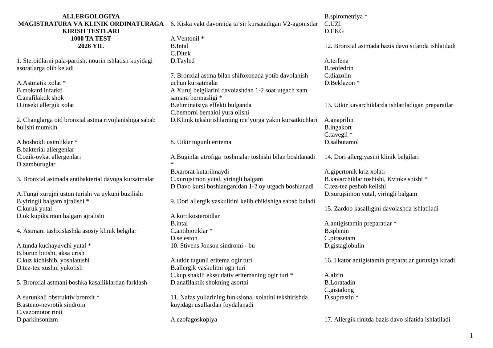 ALLERGOLOGIYA MAGISTRATURA VA KLINIK ORDINATURAGA KIRISH TESTLARI 1000 TA TEST 2026 YIL 1
