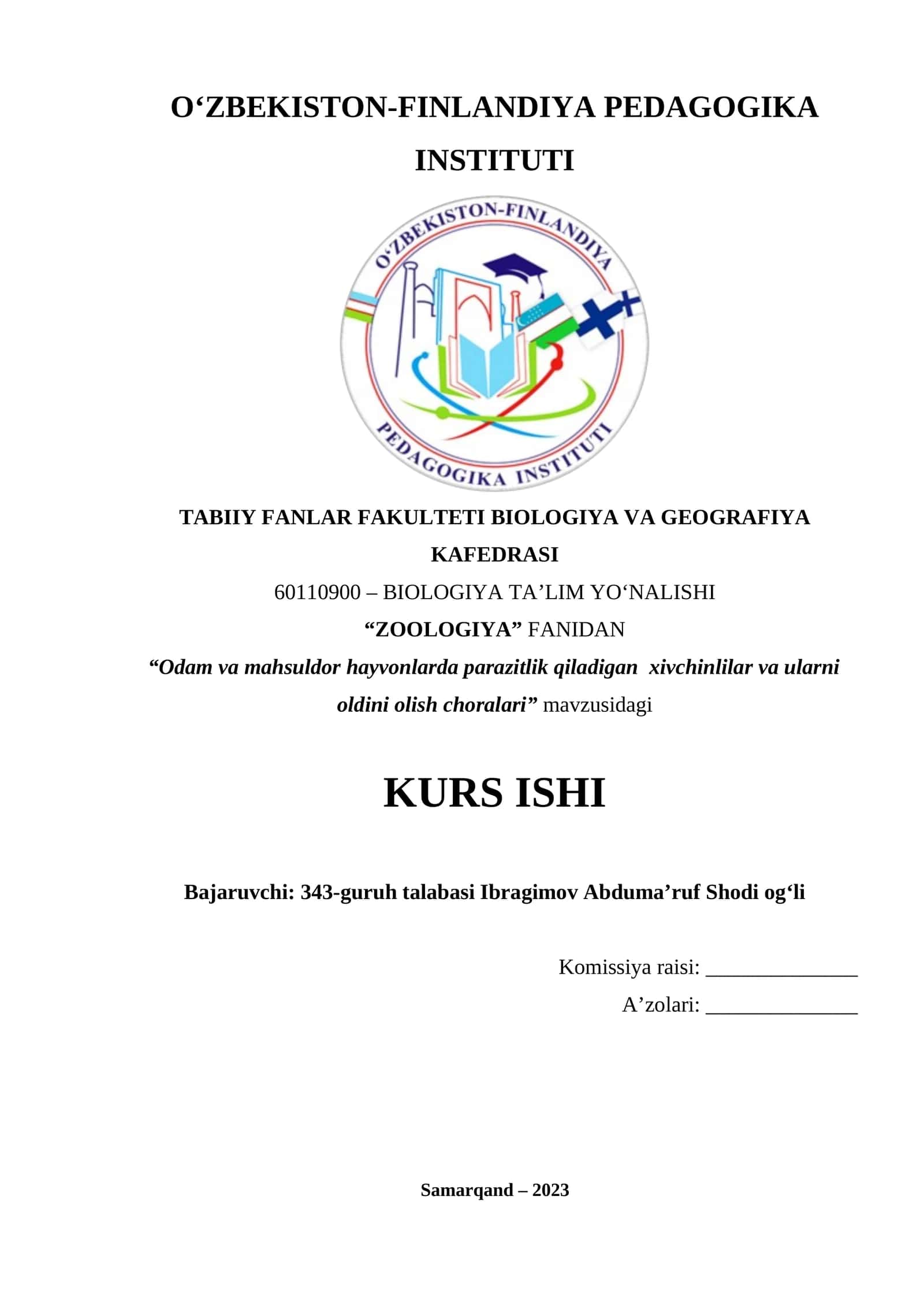 KURS ISHI "Odam va mahsuldor hayvonlarda parazitlik qiladigan xivchinlilar va ularni oldini olish choralari" 1