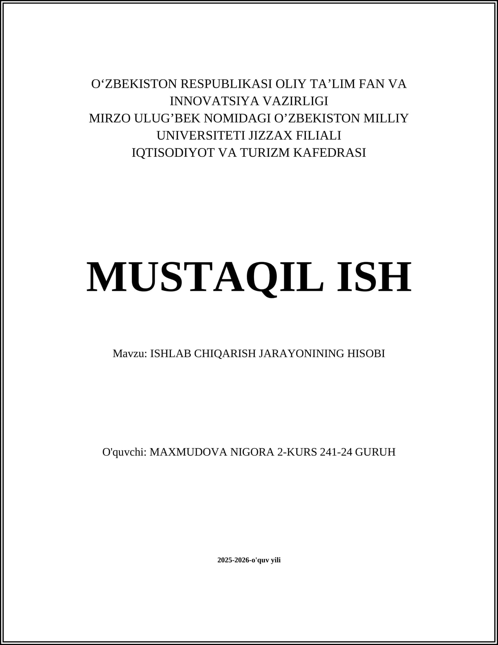 Ishlab Chiqarish Jarayonining Hisobi 1