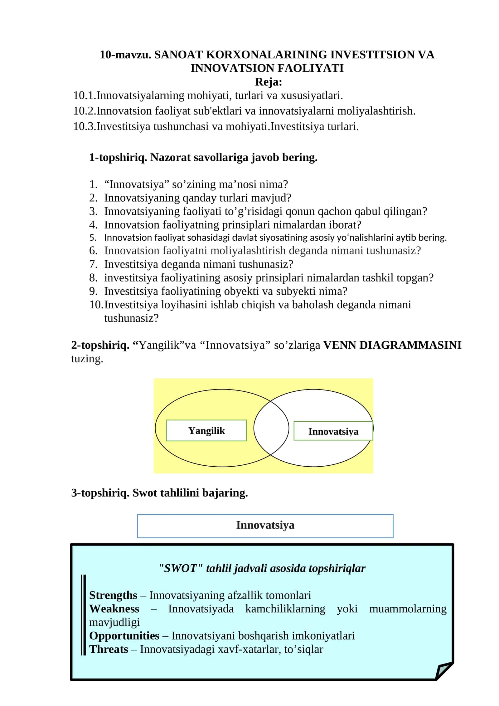 10-mavzu. SANOAT KORXONALARINING INVESTITSION VA INNOVATSION FAOLIYATI 1