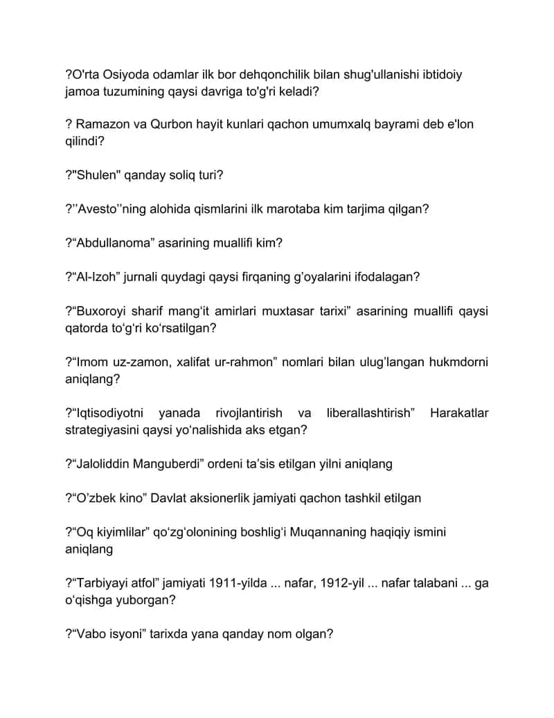 O'zbekiston tarixi fanidan yopiq testlar jamlanmasi 1