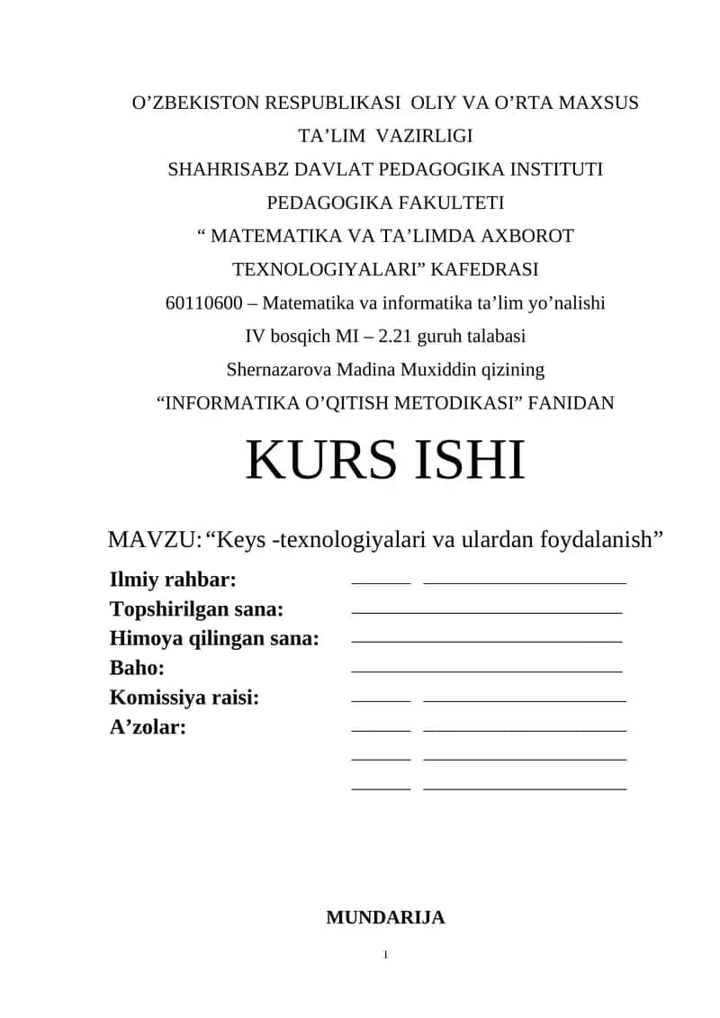 INFORMATIKA O’QITISH METODIKASI FANIDAN KURS ISHI 1