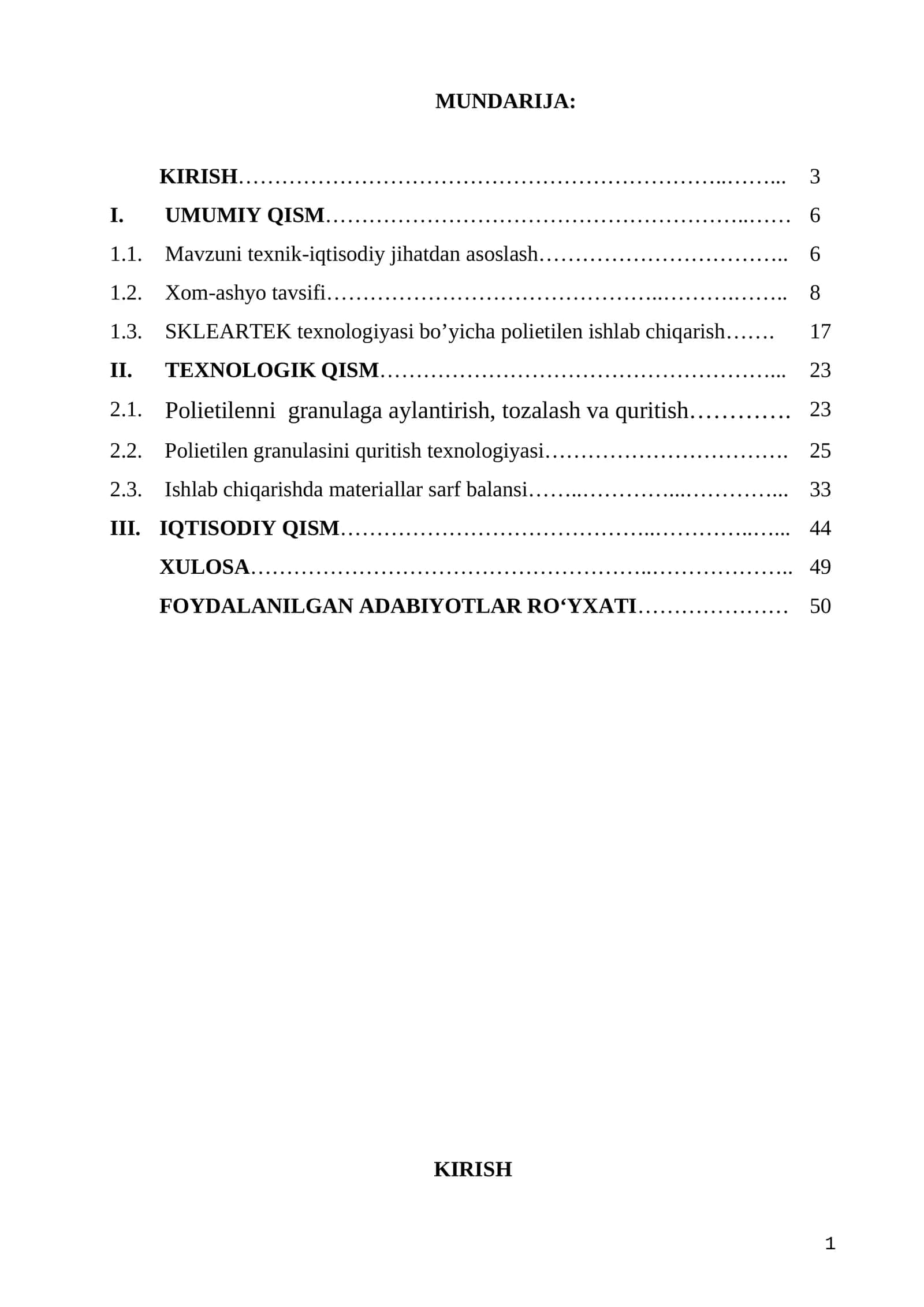 Polietilen granulalarini quritish bo‘limini takomillashtirish. 1