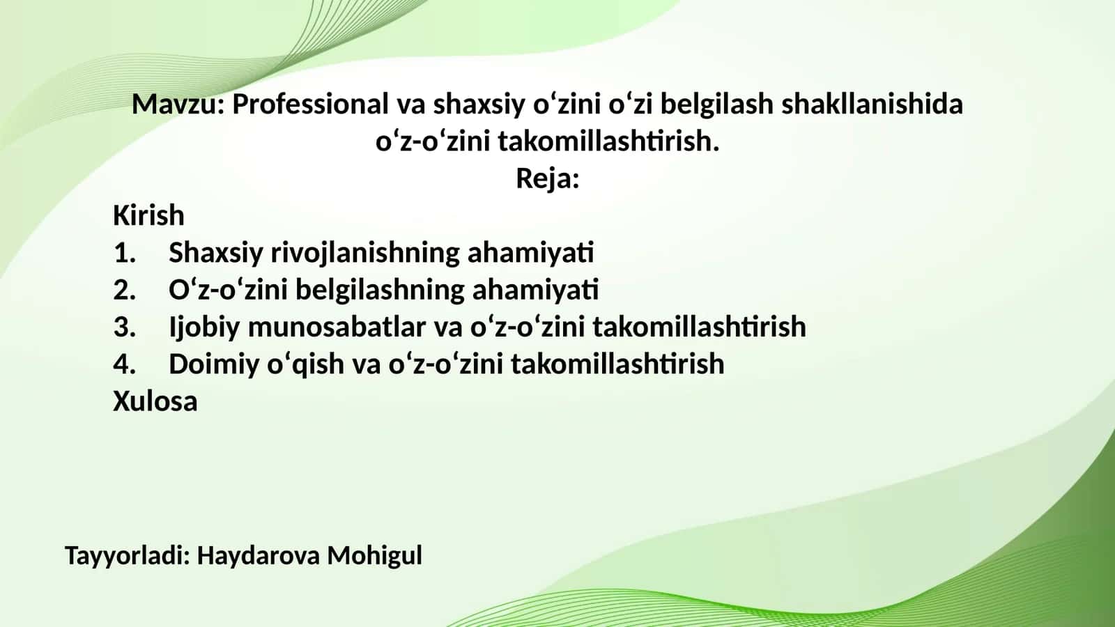 Professional va shaxsiy oʻzini oʻzi belgilash shakllanishida oʻz-oʻzini takomillashtirish. 1
