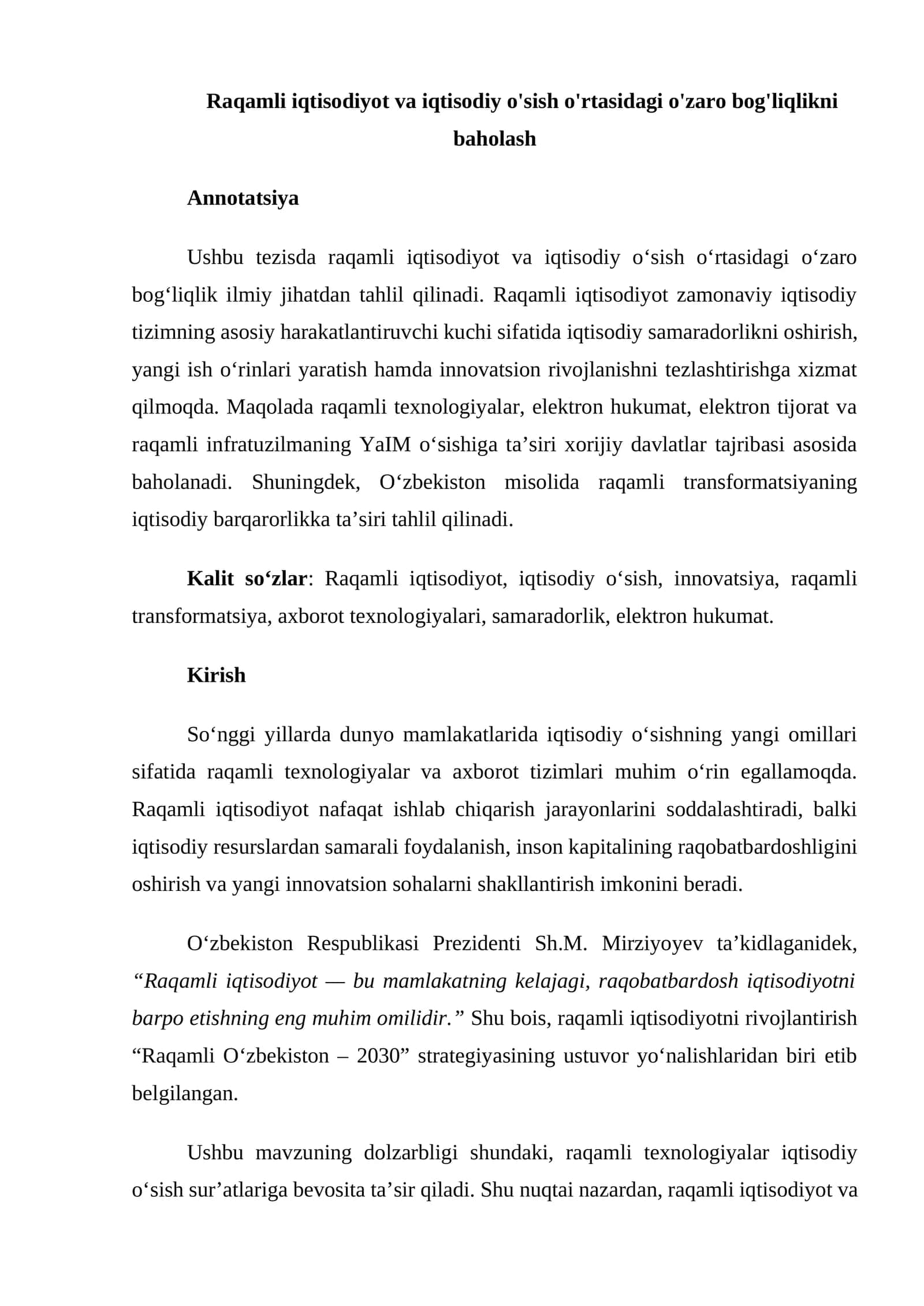 Raqamli iqtisodiyot va iqtisodiy o'sish o'rtasidagi o'zaro bog'liqlikni baholash 1
